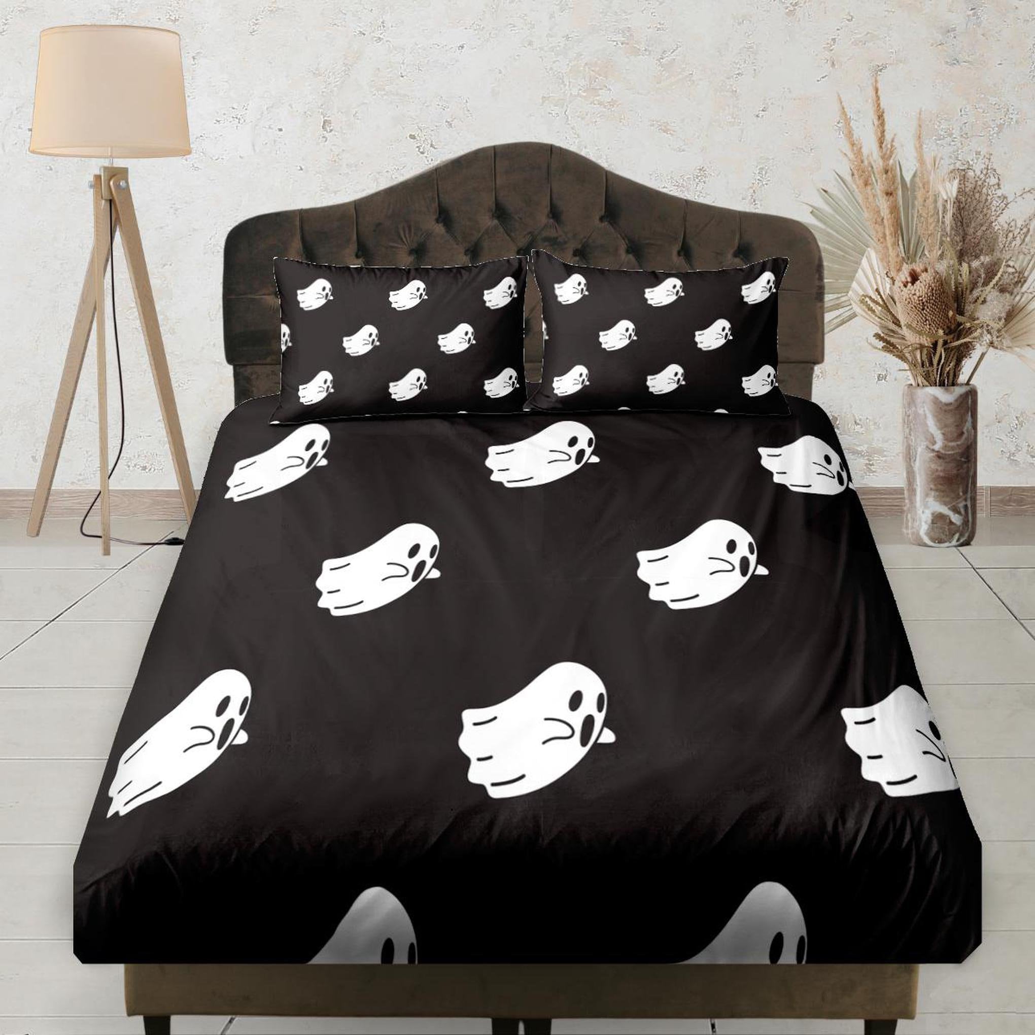 daintyduvet Spooky Ghost Black Fitted Sheet Deep Pocket, Aesthetic Bedding Set Full, Elastic Bedsheet, Dorm Bedding, Crib Sheet, Size King, Queen, Twin