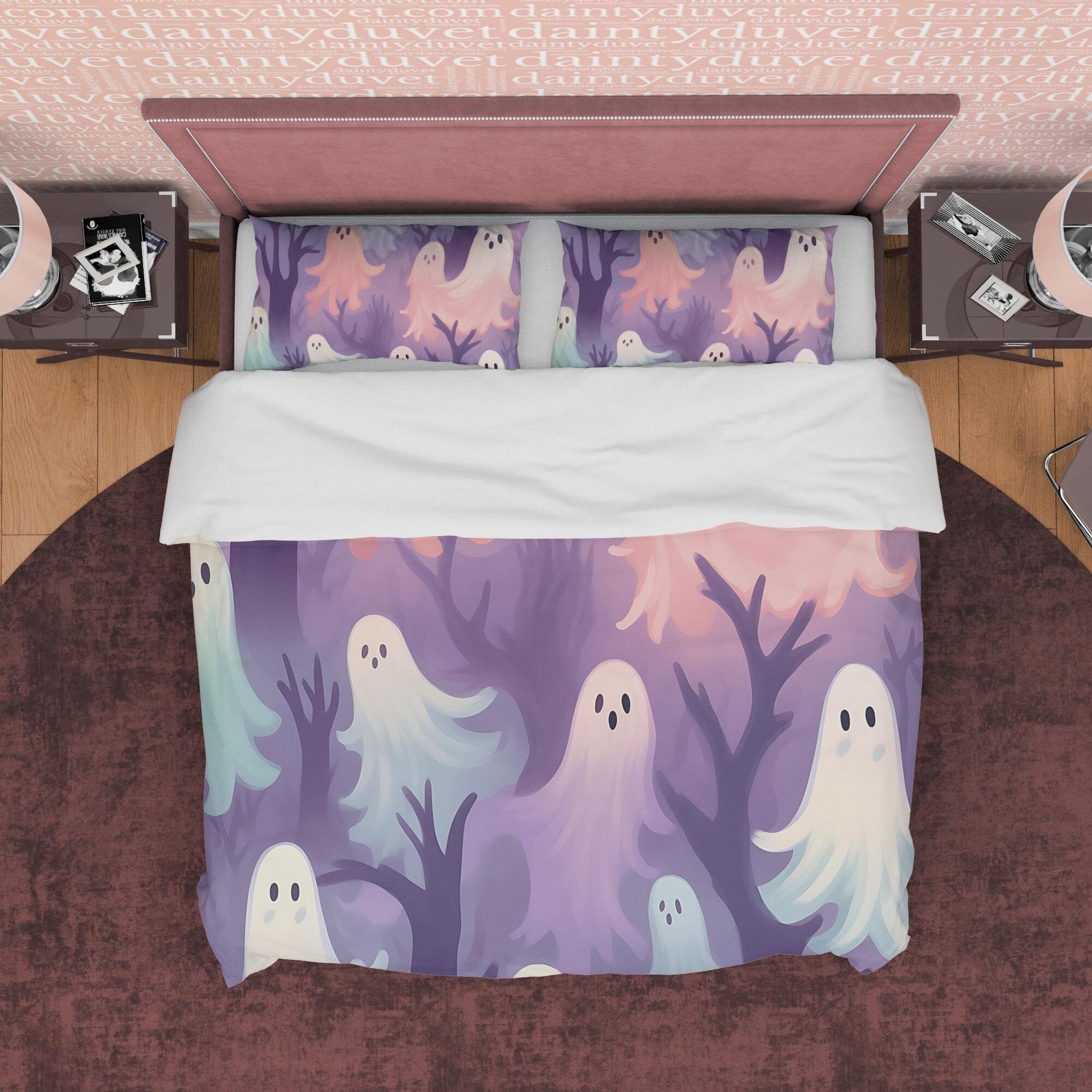 Spooky Ghosts in Magical Woods, Purple Duvet Cover Set, Aesthetic Bedding, Halloween Room Decor, US, UK, European, Australian Bed Size