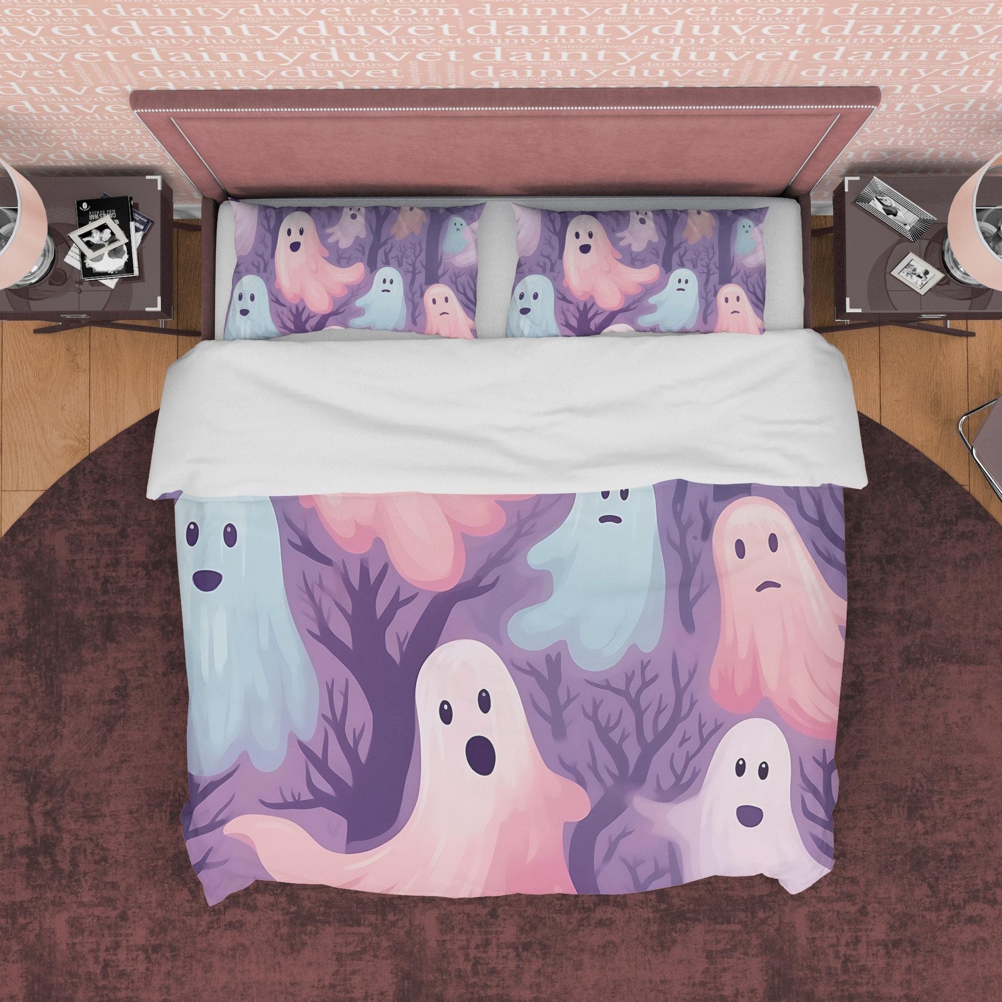 Spooky Pink and Blue Ghosts, Purple Duvet Cover Set, Aesthetic Bedding, Halloween Room Decor, US, UK, European, Australian Bed Size