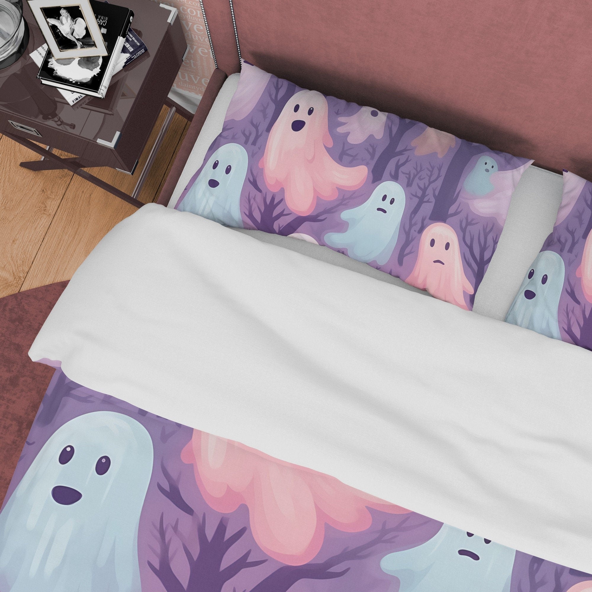 Spooky Pink and Blue Ghosts, Purple Duvet Cover Set, Aesthetic Bedding, Halloween Room Decor, US, UK, European, Australian Bed Size