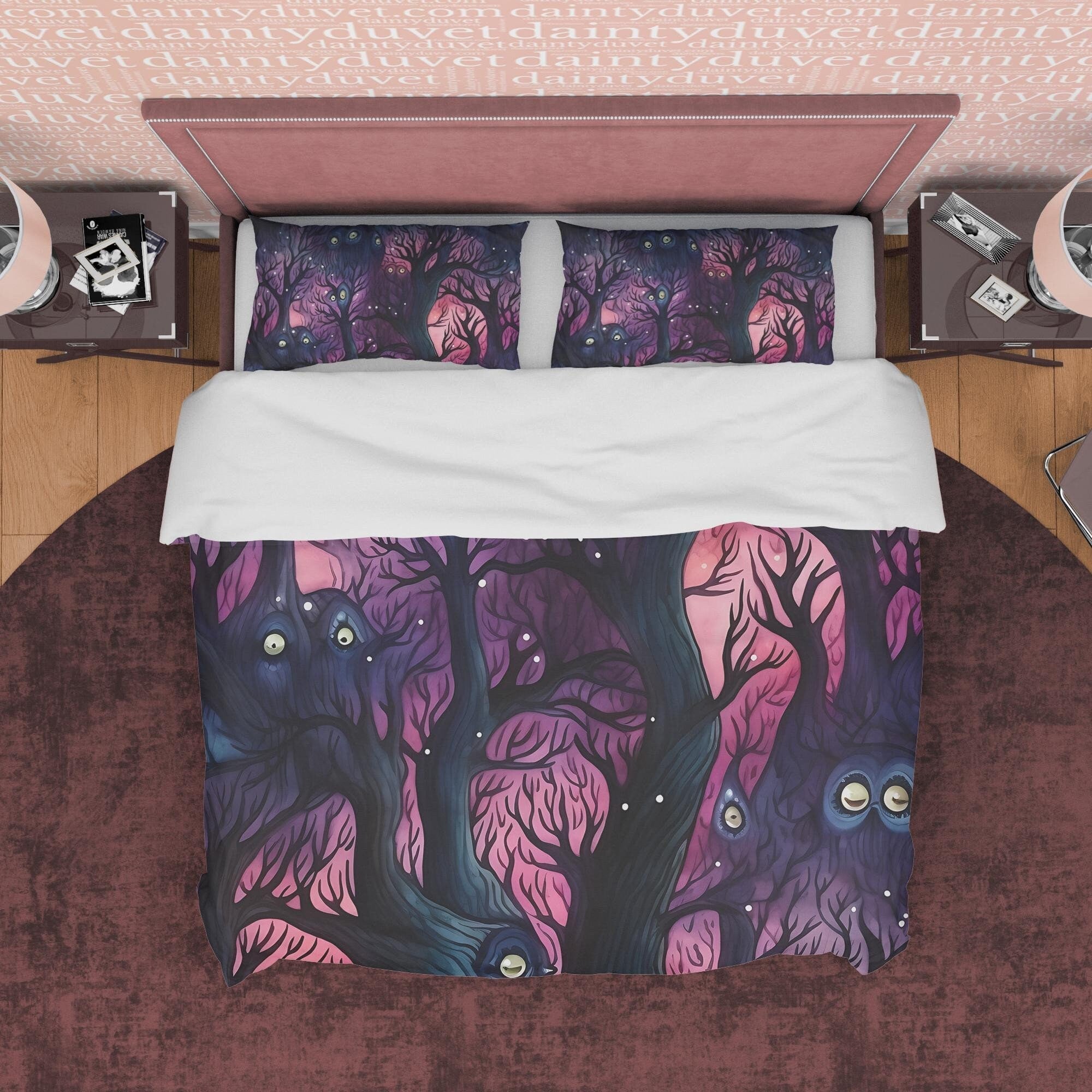 Spooky Woods, Enchanted Forest, Halloween Duvet Cover Set, Violet Aesthetic Bedding, Spooky Room Decor, US, European, Australian Sizes