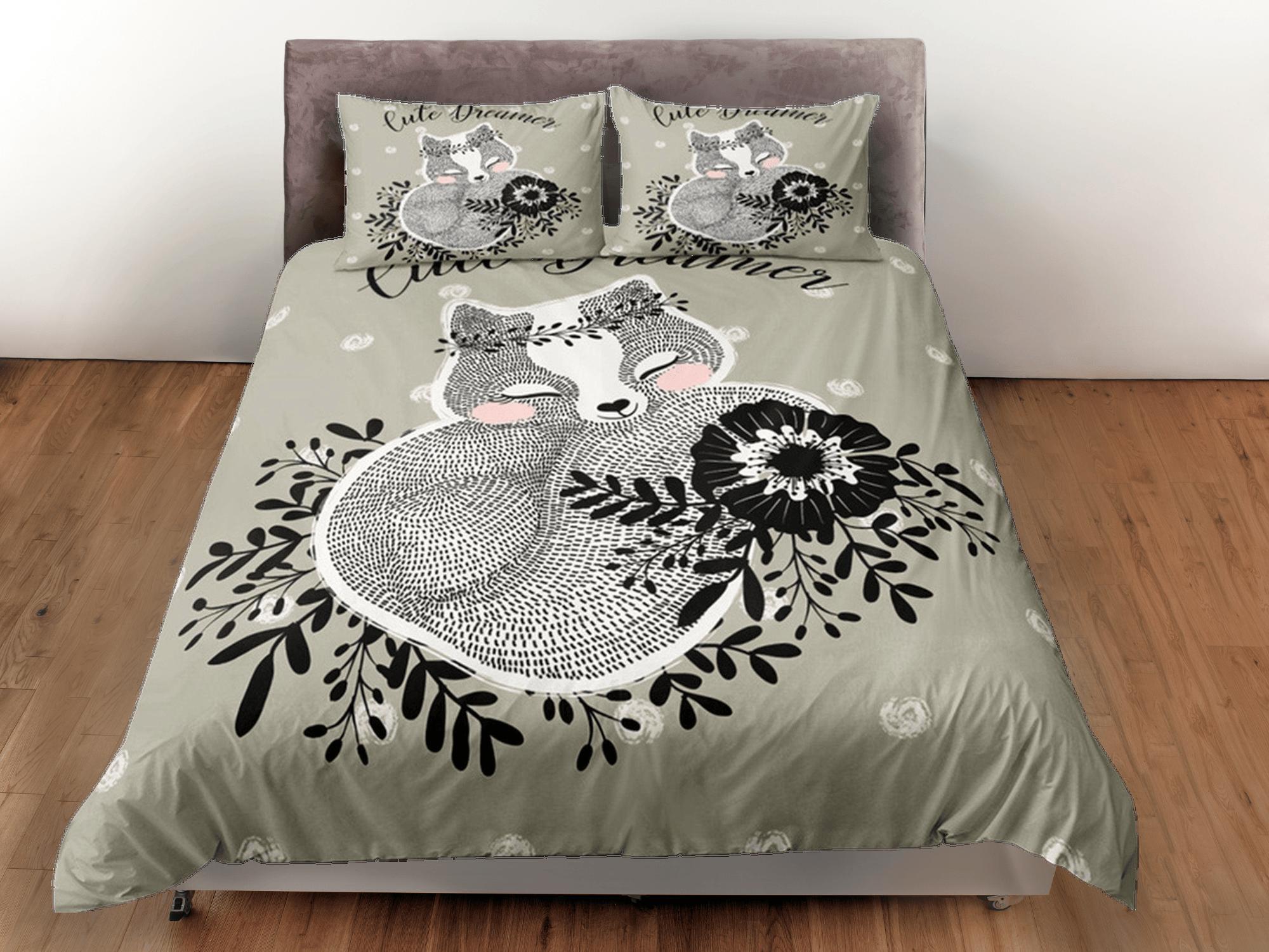 daintyduvet Squirrel Duvet Cover Set Cute Bedspread, Ash Green Dorm Bedding with Pillowcase