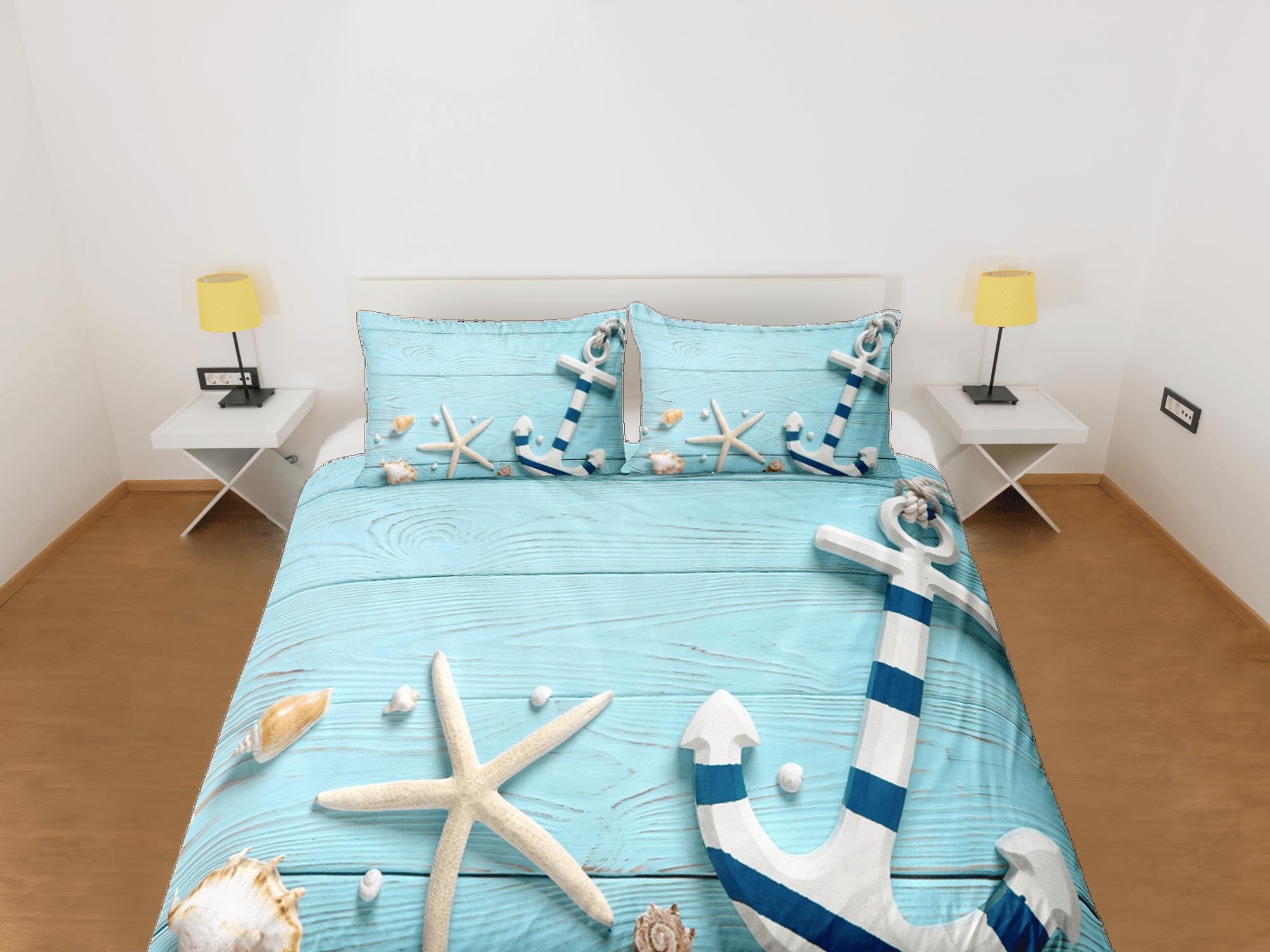 daintyduvet Starfish & anchor coastal grandma blue duvet cover nautical bedding set full queen king, aesthetic beach room decor, ocean lover gift seaman