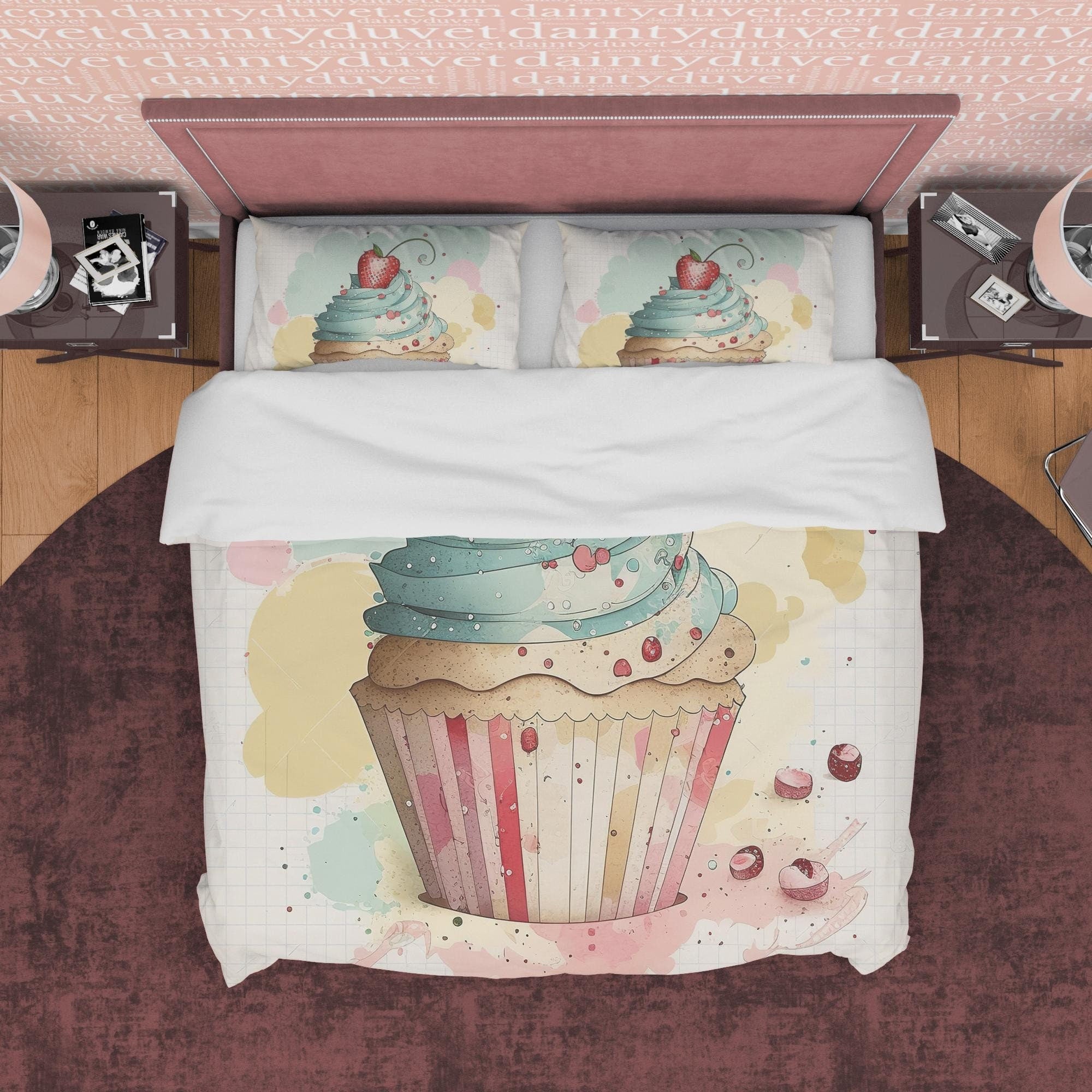 Strawberry Cupcake Duvet Cover Boho Bedroom Set, Watercolor Girly Bedspread, Cute Quilt Cover, Baby Girl Crib Bedding Set, Pastel Color