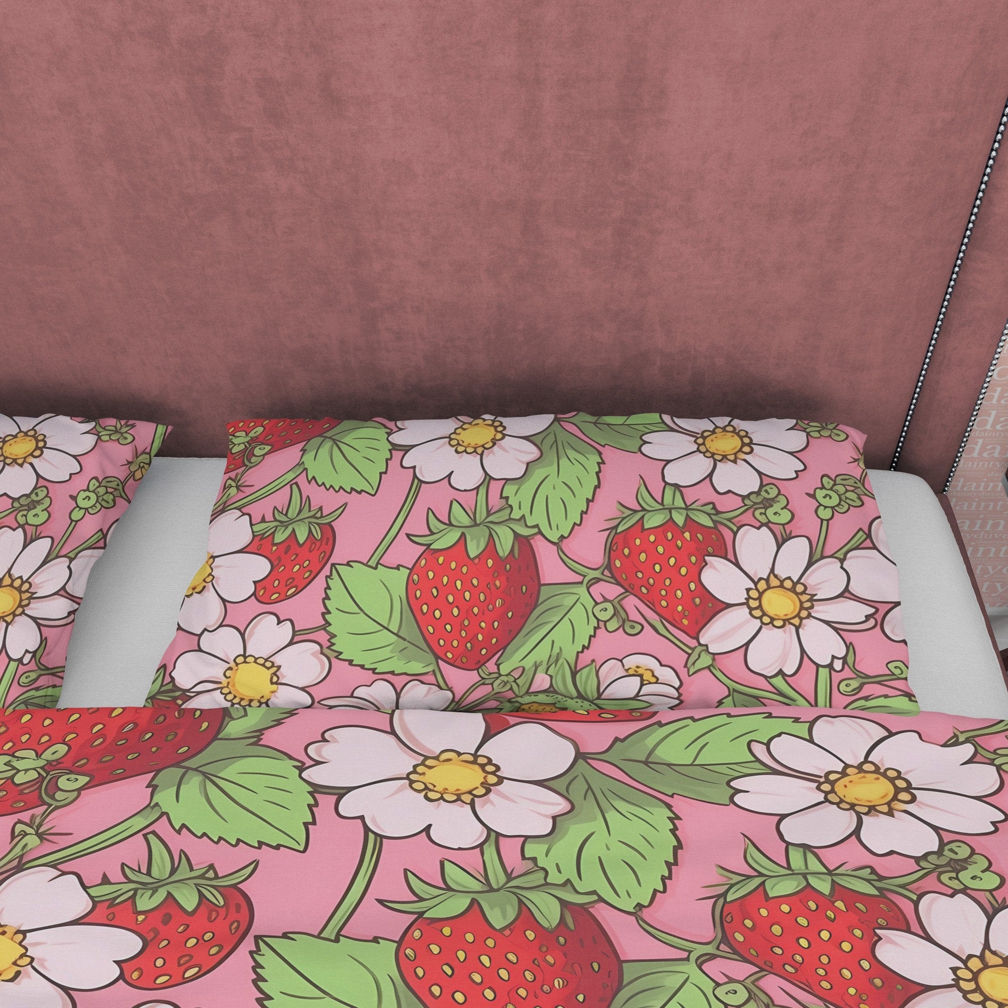 Strawberry Duvet Cover Boho Bedroom Set, Floral Pink Cute Bedspread, Girly Quilt Cover, Dorm Bedding, Baby Girl Toddler Bedding, Foodie Gift