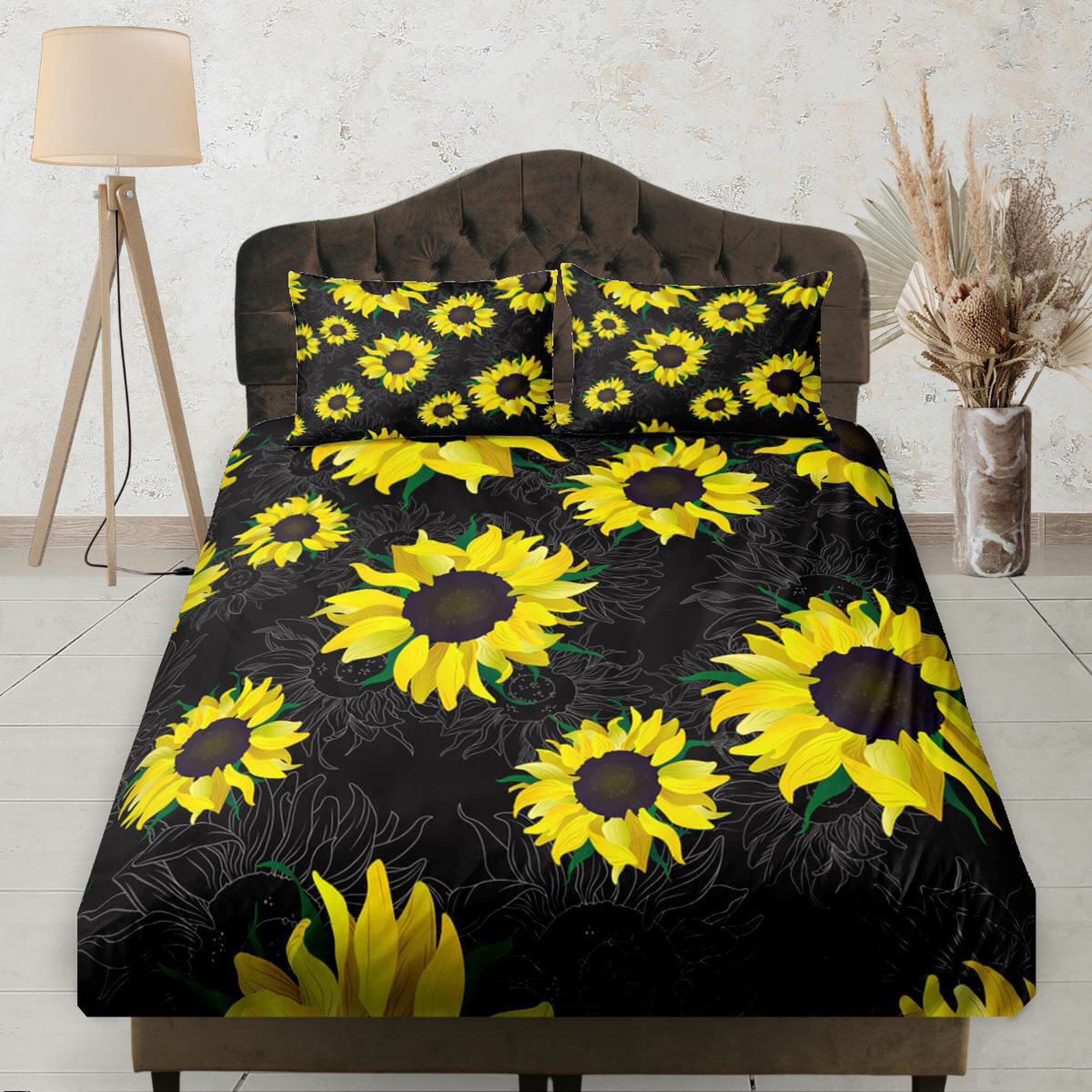 daintyduvet Sunflower Black Bedding, Fitted Sheet Deep Pocket, Floral Prints, Aesthetic Boho Bedding Set, Dorm Bedding, Crib Sheet, King, Queen, Double