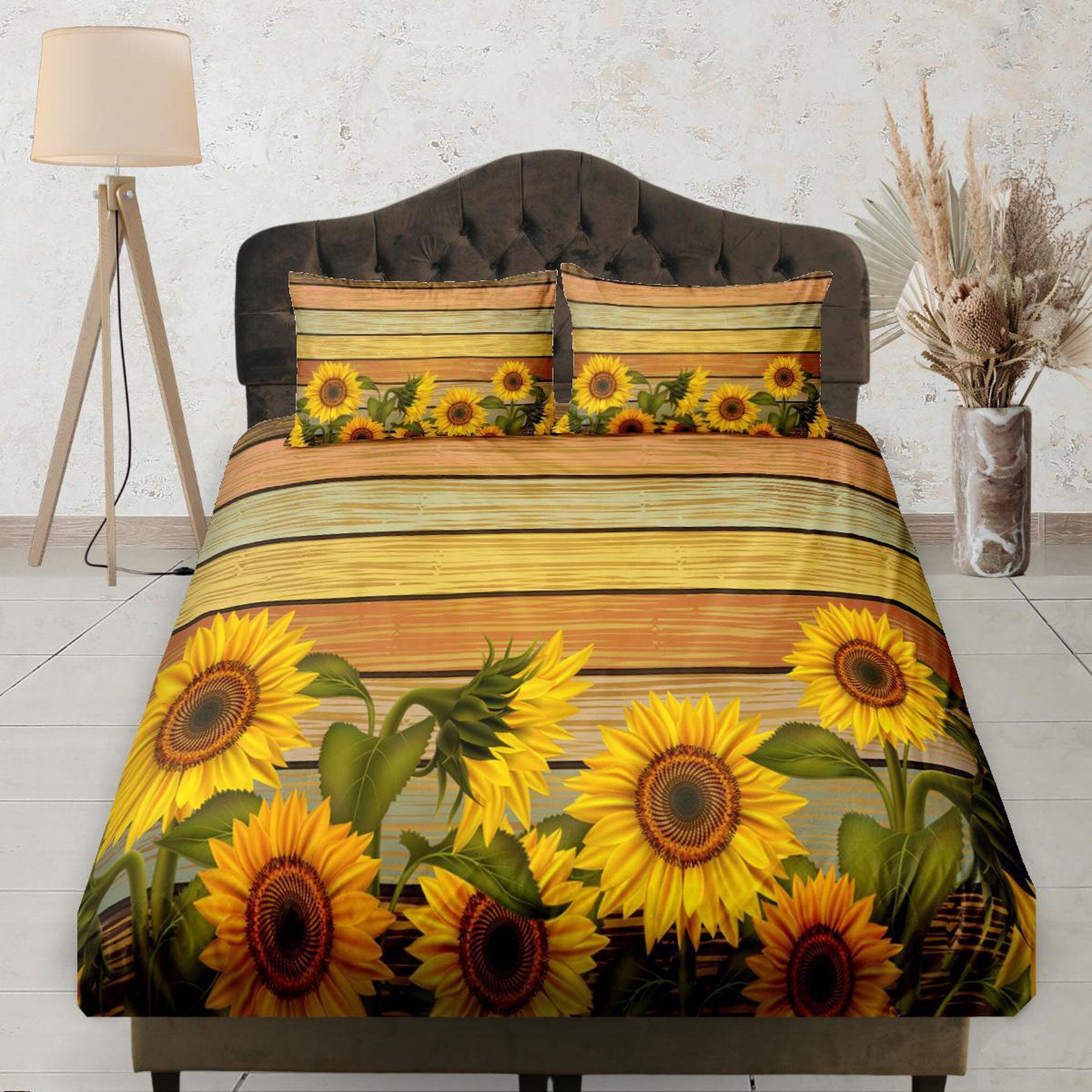 daintyduvet Sunflower on Wood, Fitted Bedsheet Deep Pocket, Floral Prints, Aesthetic Boho Bedding Set Full, Dorm Bedding, Crib Sheet, King, Queen, Twin