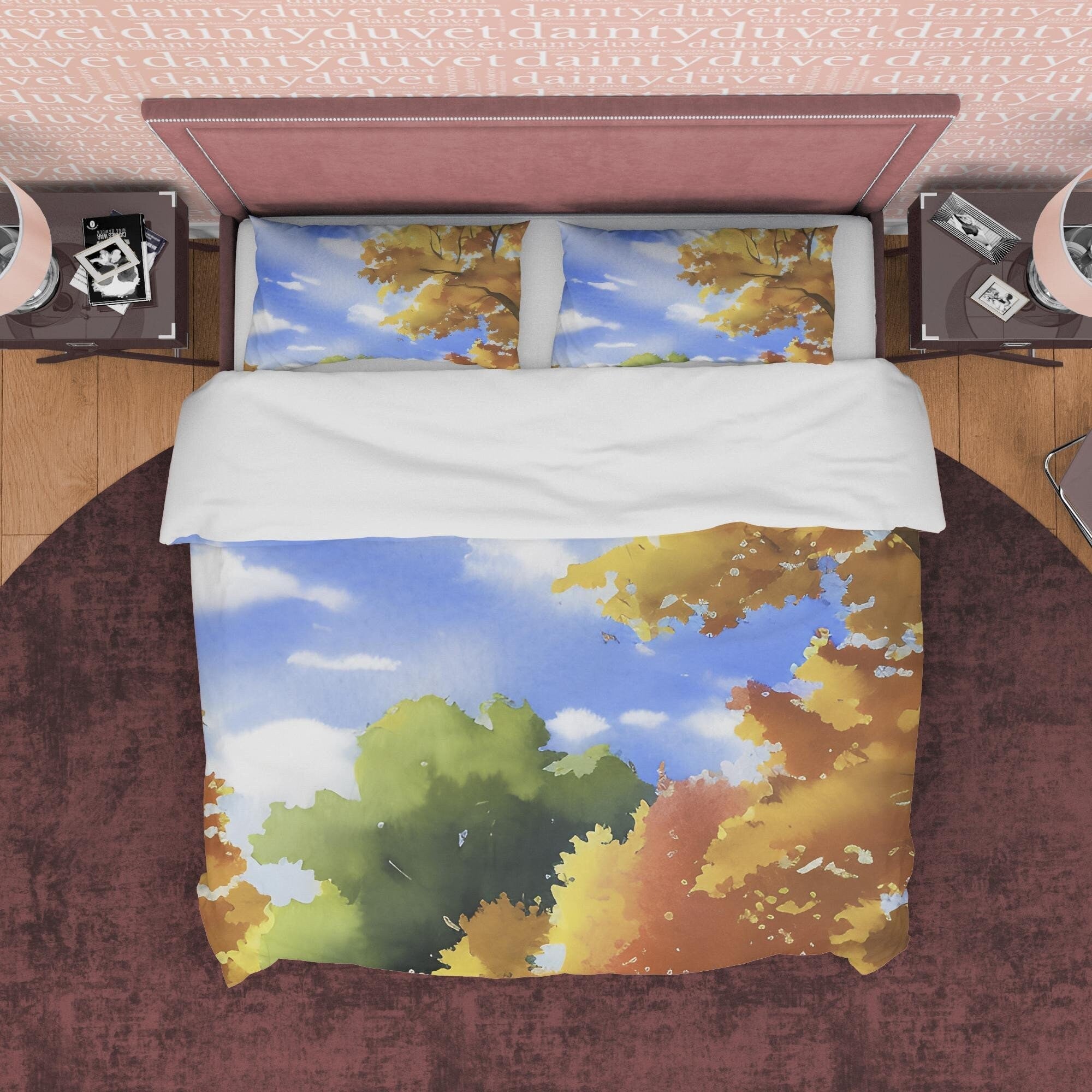 Sunny Weather Fall Season Duvet Cover Autumn Bedding Set, Warm Autumn Colors Printed Quilt Cover, Foliage Bedspread