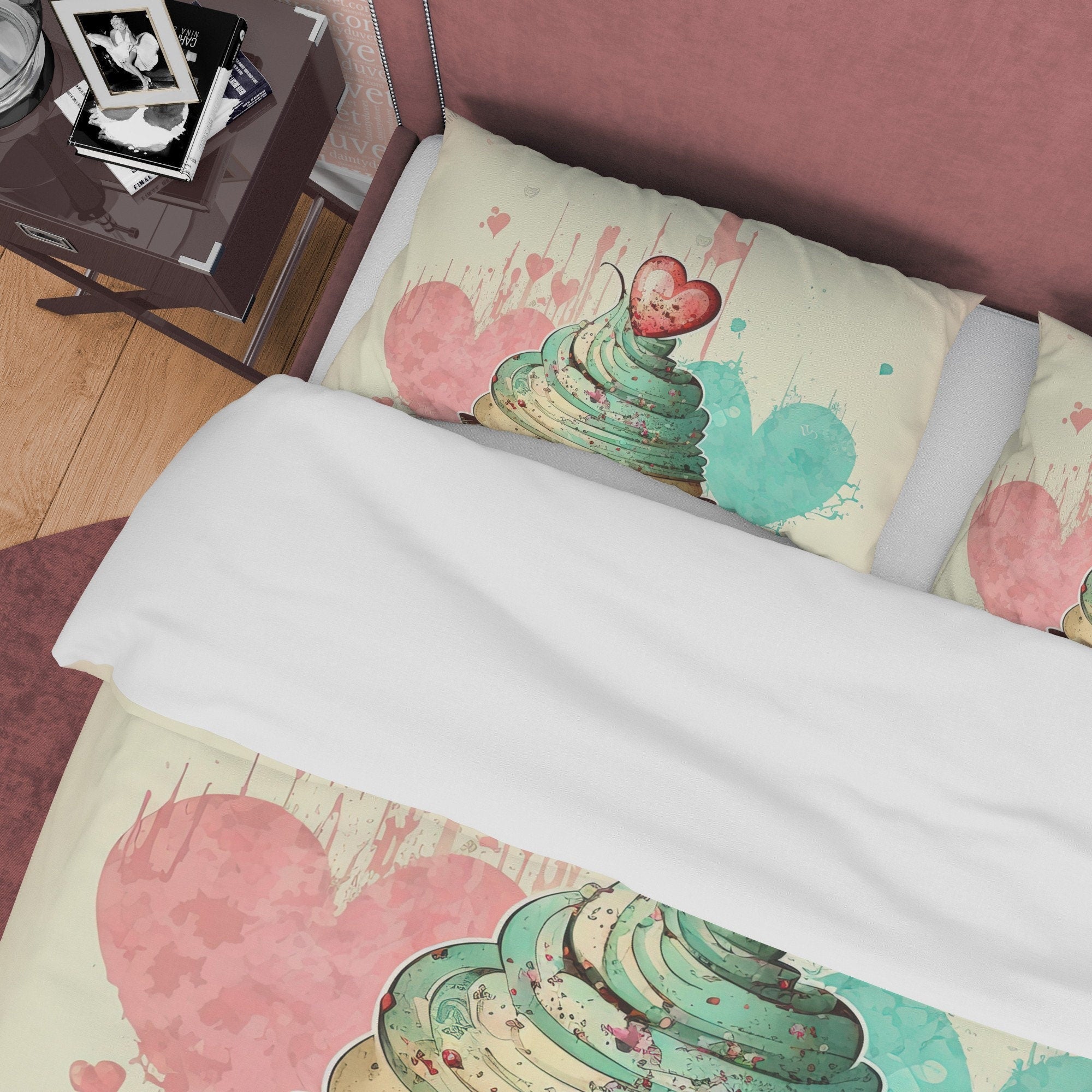 Sweet Cupcake Duvet Cover Boho Bedroom Set, Cute Quilt Cover Girly Bedspread, Dorm Bedding, Baby Girl Crib Set, Pastel Color Blanket Cover