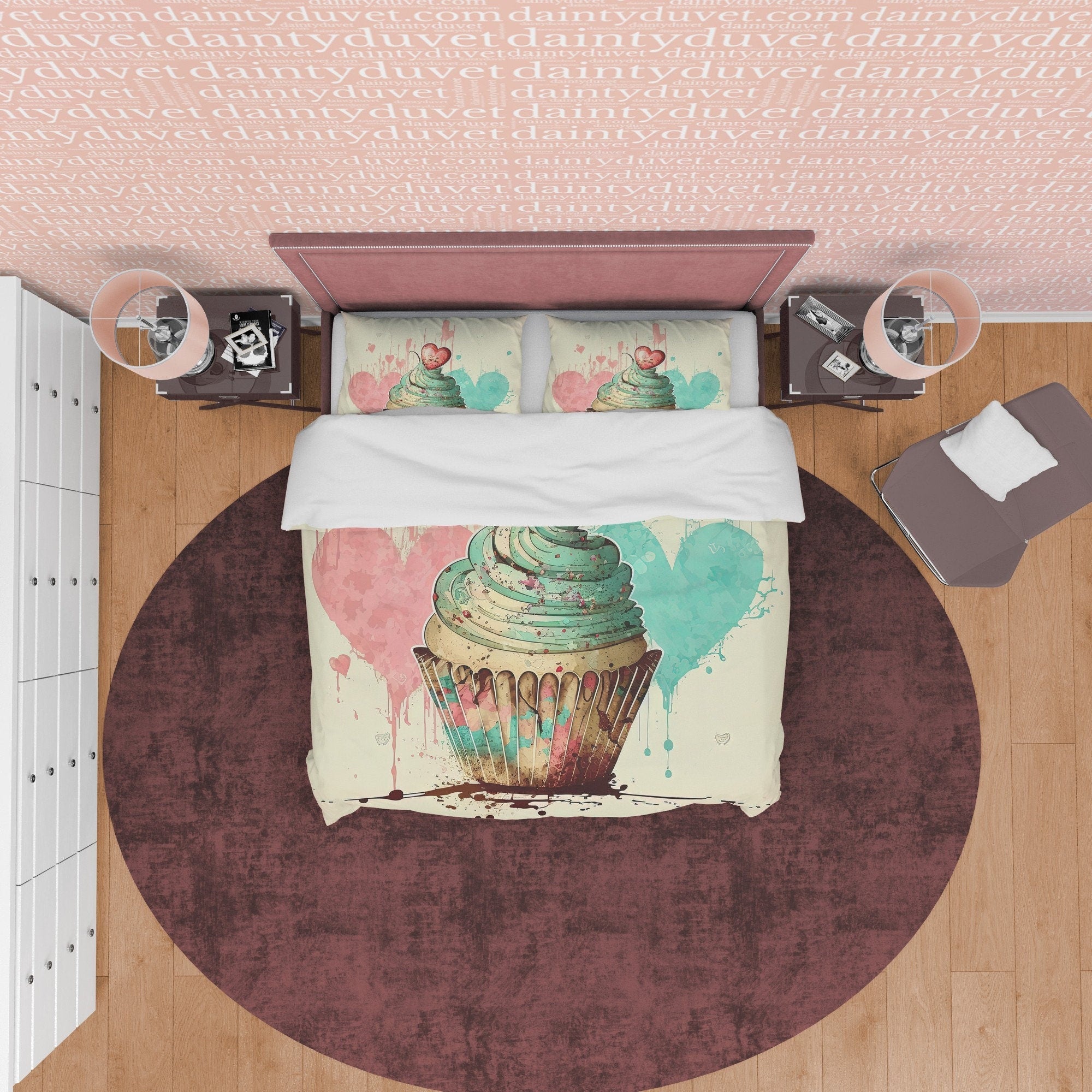Sweet Cupcake Duvet Cover Boho Bedroom Set, Cute Quilt Cover Girly Bedspread, Dorm Bedding, Baby Girl Crib Set, Pastel Color Blanket Cover