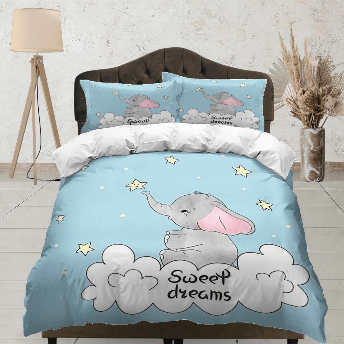 daintyduvet Sweet dreams elephant light blue bedding cute duvet cover set, kids bedding full, nursery bed decor, elephant baby shower, toddler bedding