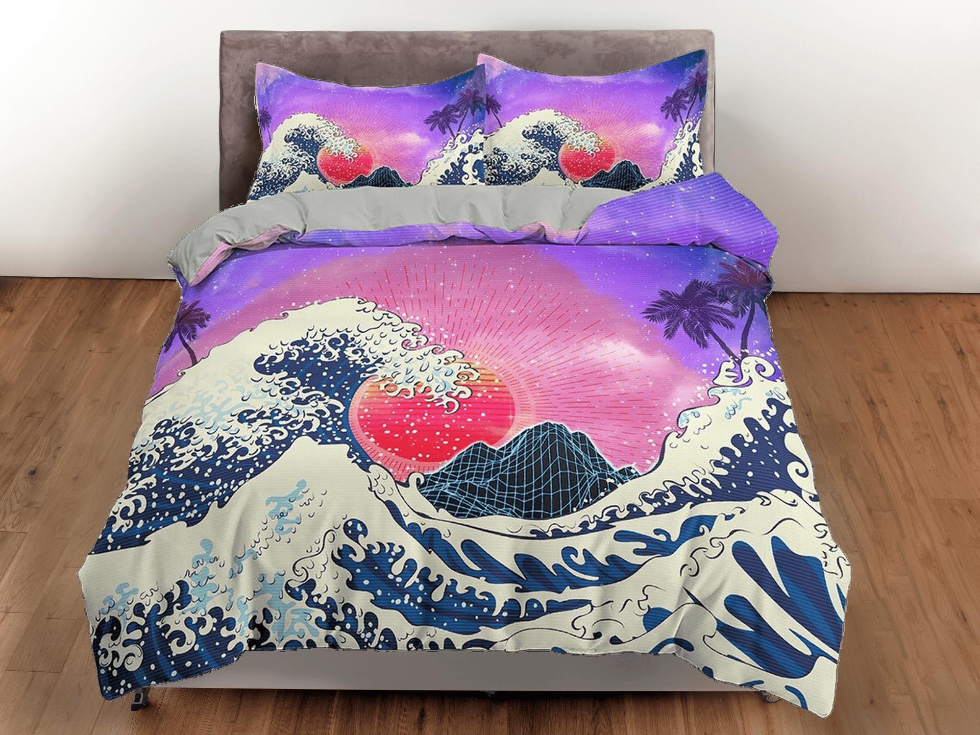 daintyduvet The Great Wave of Kanagawa Bedding, Vaporwave Hippie Bedding, Japanese Duvet Cover Set, Aesthetic Purple Duvet Cover King Queen Full Twin