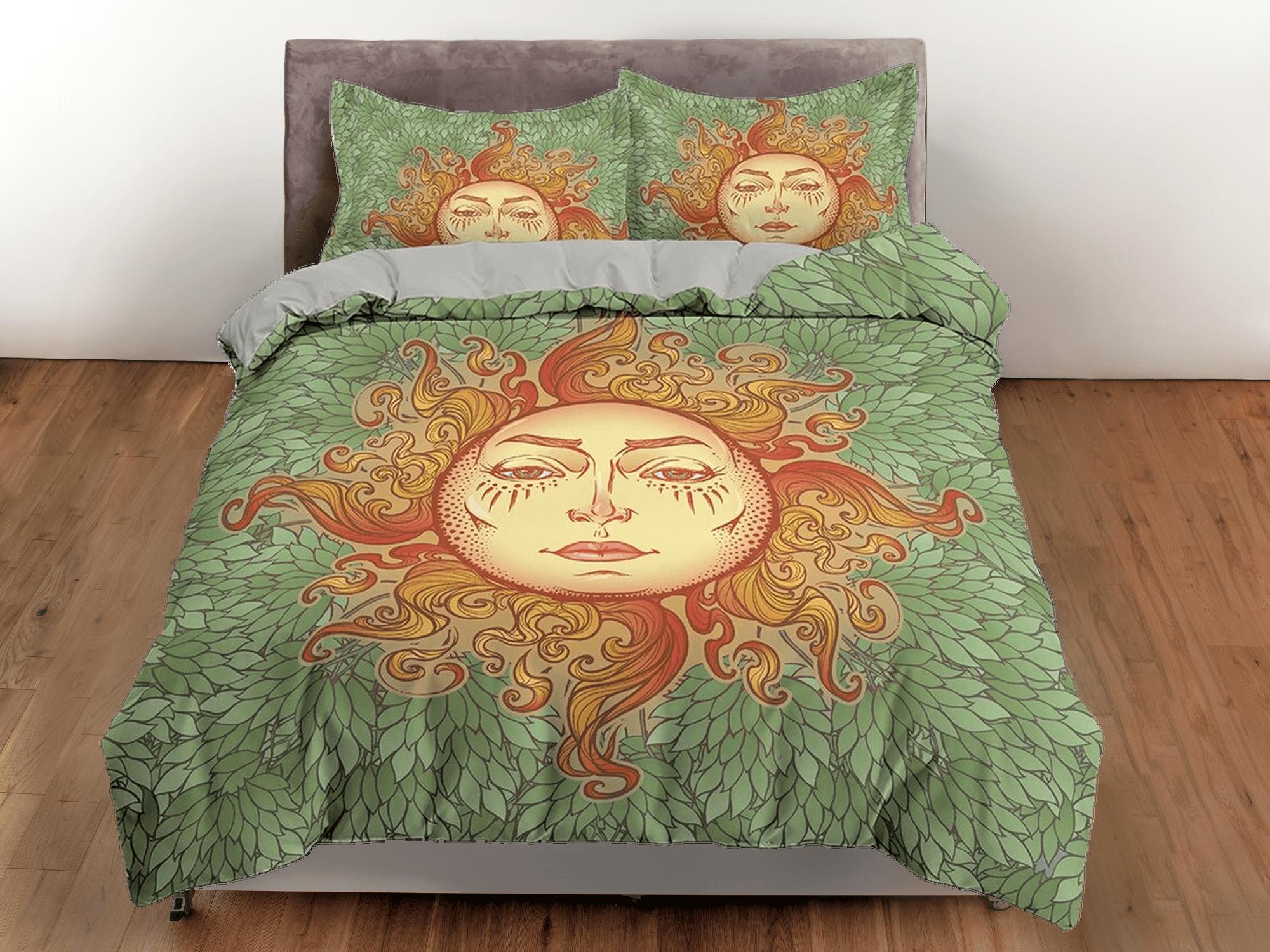 daintyduvet The Sun Tarot Astrology Boho Bedding Sage Green, Zodiac Gift Celestial Dorm Bedding, Duvet Cover, Aesthetic Duvet King Queen Full Twin