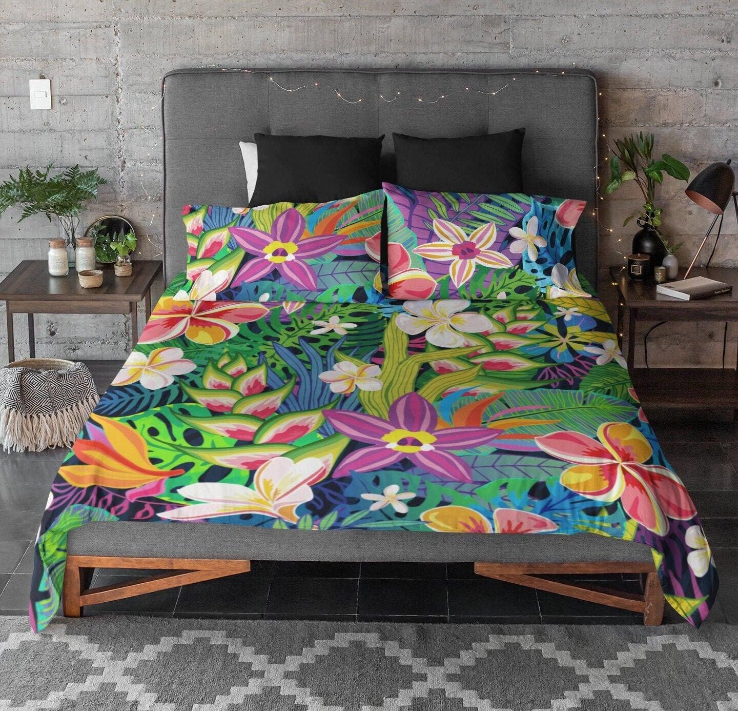 daintyduvet Tropical Design Duvet Cover Set | Colorful Comforter Cover with Flowers in Bright Colors | Cover for Weighted Blanket and Pillows