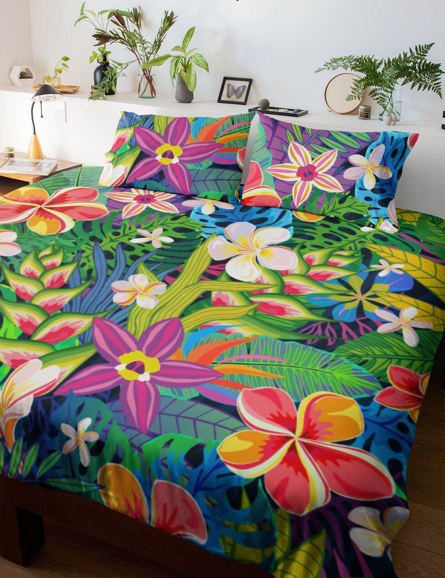 daintyduvet Tropical Design Duvet Cover Set | Colorful Comforter Cover with Flowers in Bright Colors | Cover for Weighted Blanket and Pillows