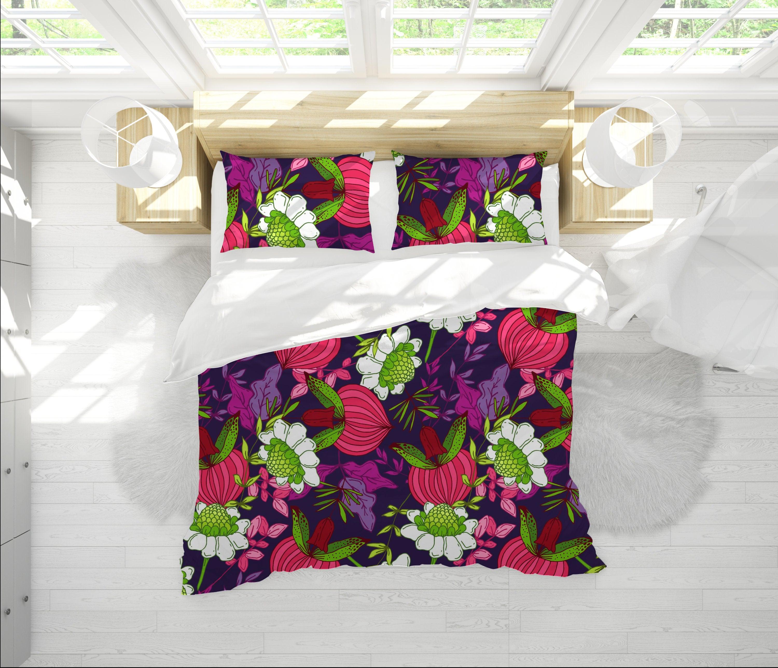 daintyduvet Tropical Duvet Cover Full Set | Colorful Bedding Set Floral Design | Purple Comforter Cover Set