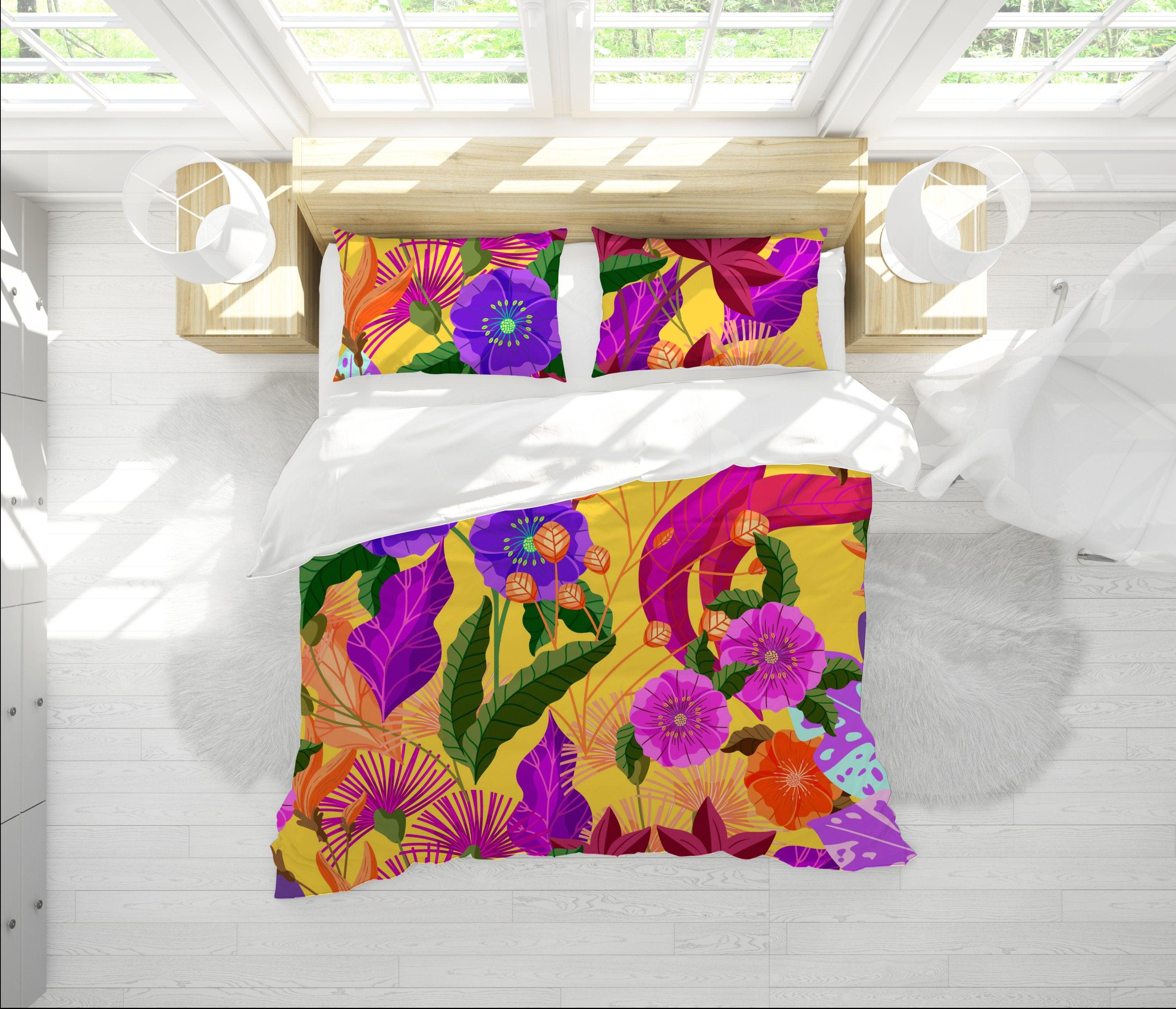 daintyduvet Tropical Yellow Duvet Cover Colorful Floral Design | Bedding Set with Pillow Cover Case