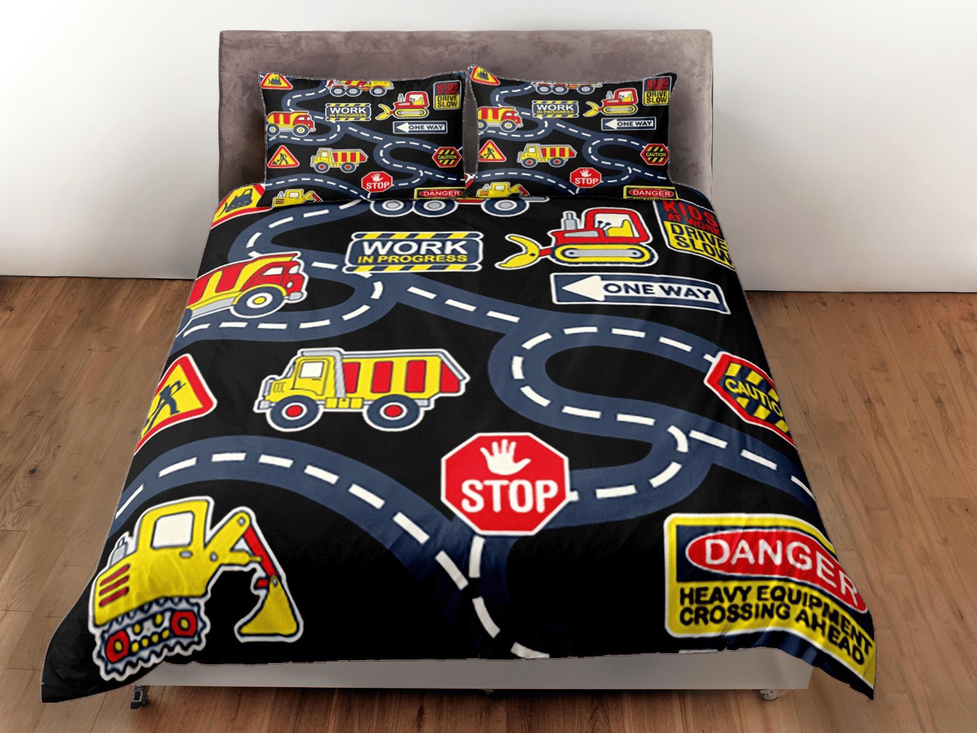 daintyduvet Trucks and Road Signs Black Duvet Cover Set Colorful Kids Full Bedding Set with Pillowcase, Comforter Cover Twin