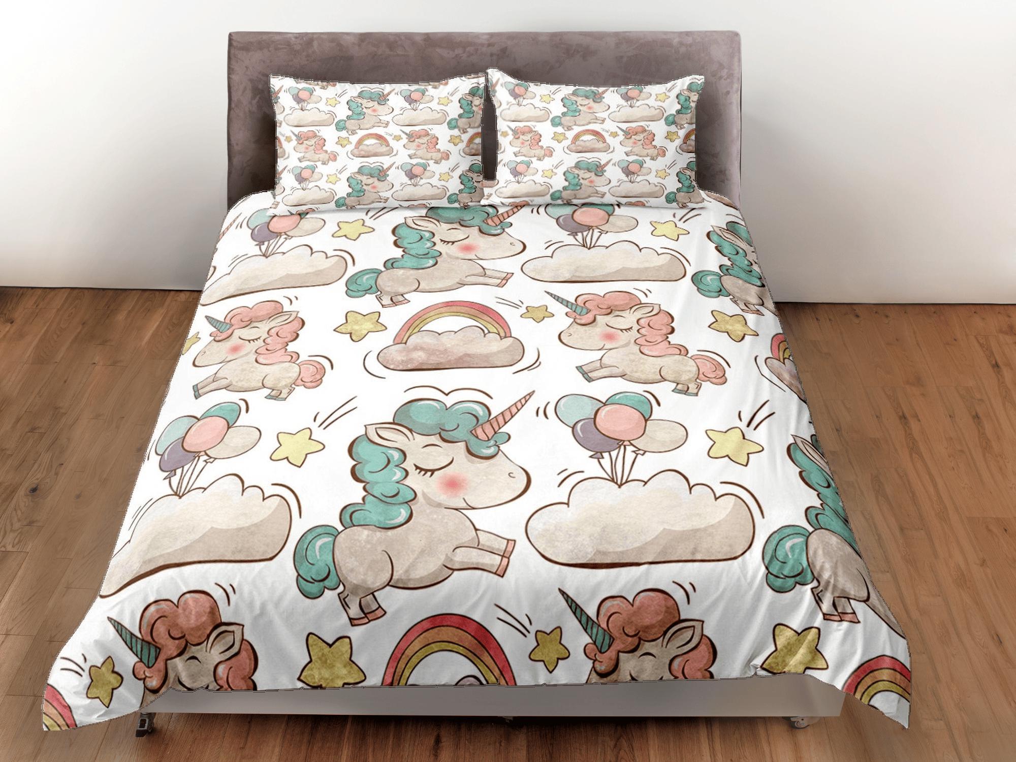 daintyduvet Unicorn White Duvet Cover Set Cute Bedspread, Animal Dorm Bedding with Pillowcase