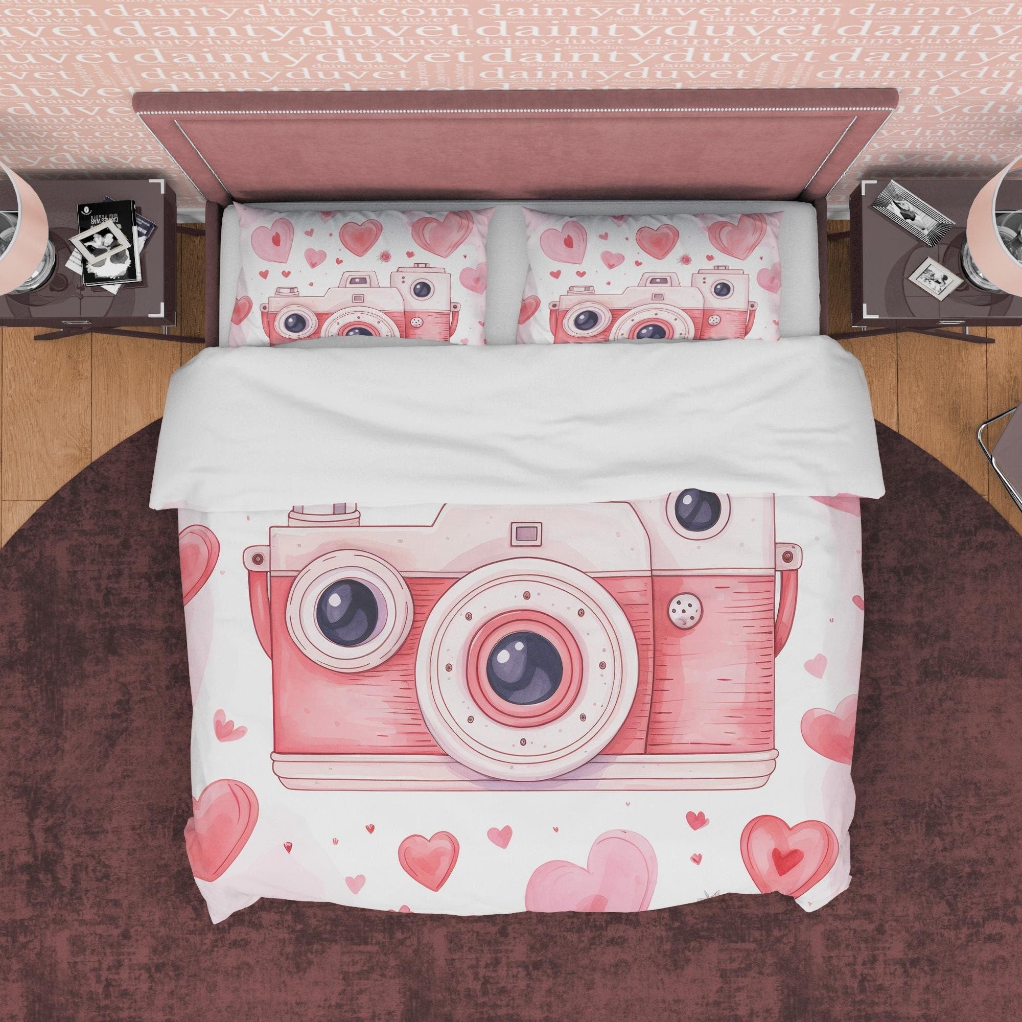 Unique Retro Camera Duvet Cover Set Baby Pink Bedding, Girly Bedroom Set, Cute Quilt Cover, Photophille Bedspread, Photographer Gift