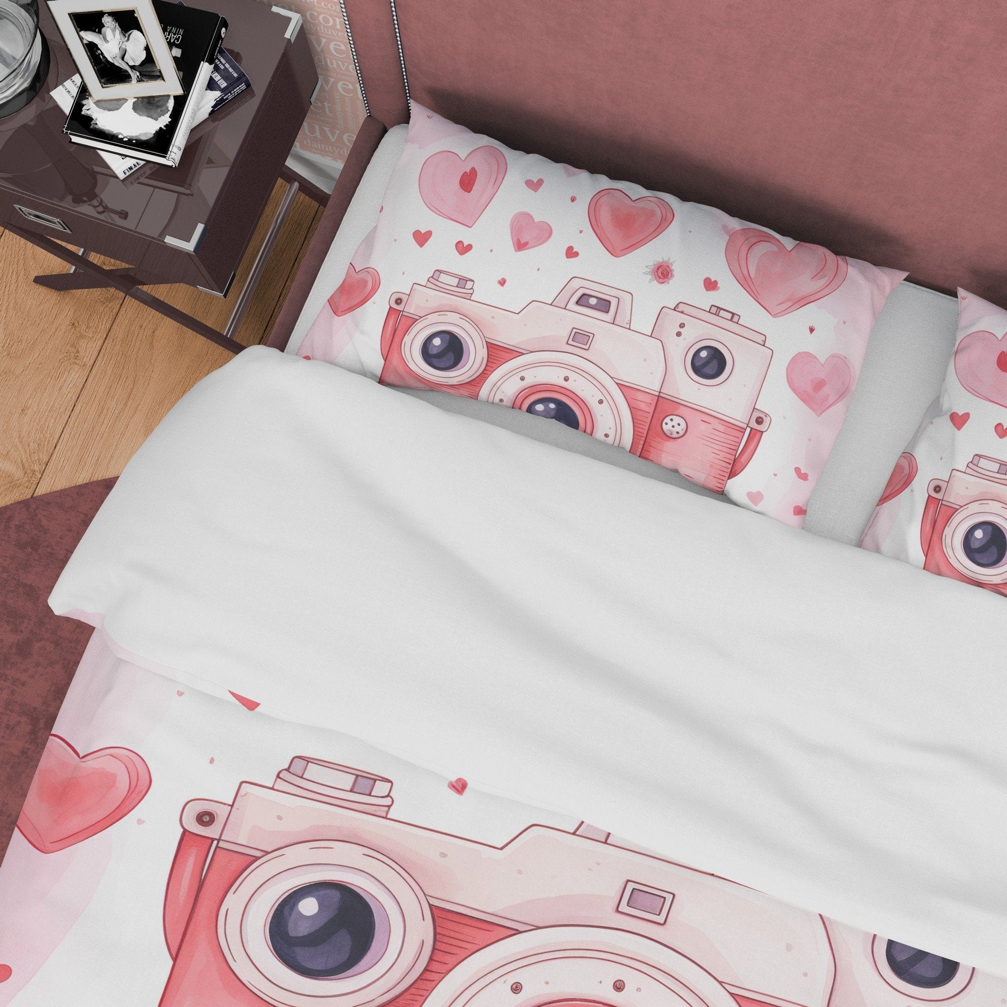Unique Retro Camera Duvet Cover Set Baby Pink Bedding, Girly Bedroom Set, Cute Quilt Cover, Photophille Bedspread, Photographer Gift