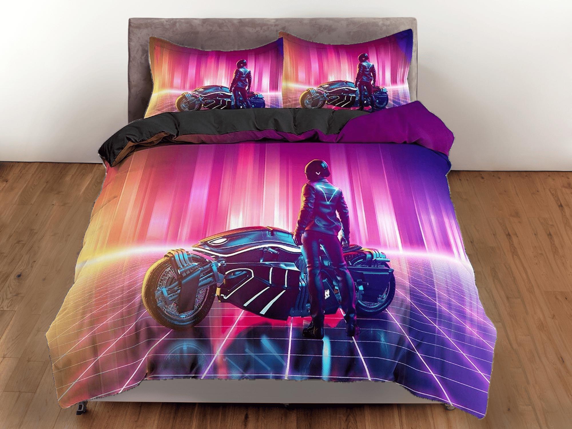 daintyduvet Vaporwave Motorcycle Rider Bedding, Cool Hippie Duvet Cover Set for Boys Bedroom, Trippy Psychedelic Bed Cover, Gradient Colors