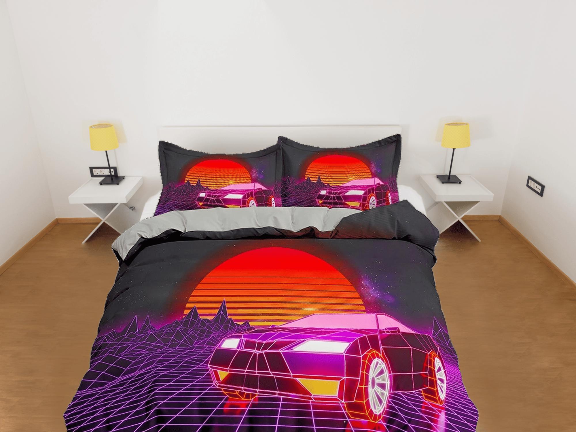 daintyduvet Vaporwave Retro Car in Sunset Bedding, Cool Hippie Duvet Cover Set for Boys Bedroom, Trippy Psychedelic Bed Cover, King Queen Full Twin Bed