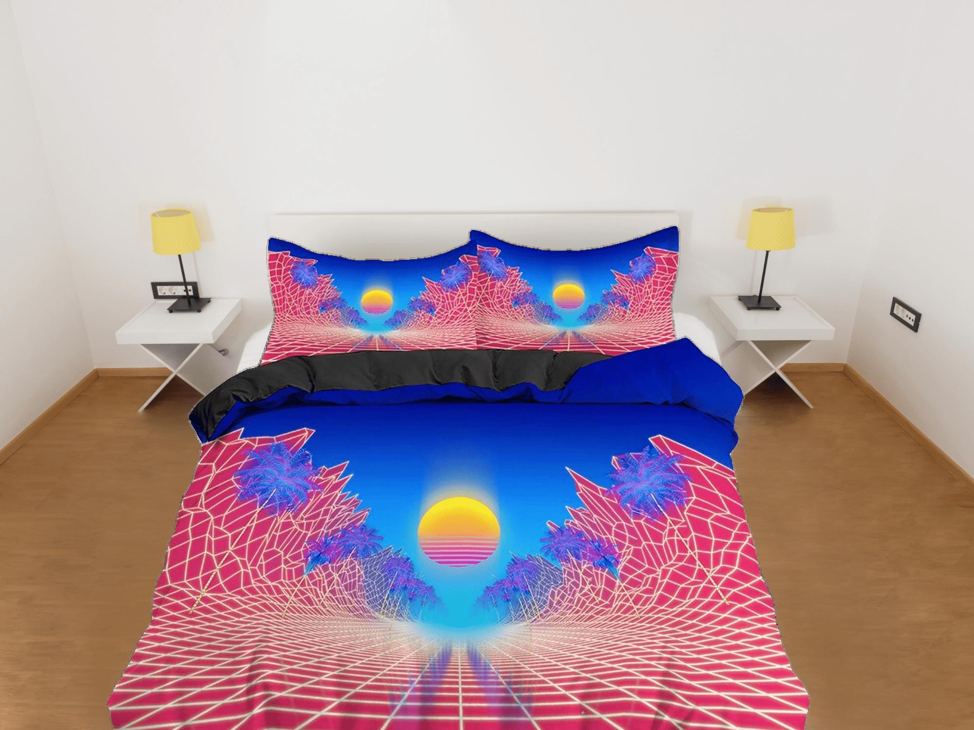 daintyduvet Vaporwave Sun in Pink and Blue Bedding, Cool Hippie Geometric Duvet Cover Set, Trippy Psychedelic Bed Cover, 90s Nostalgia Home Decor