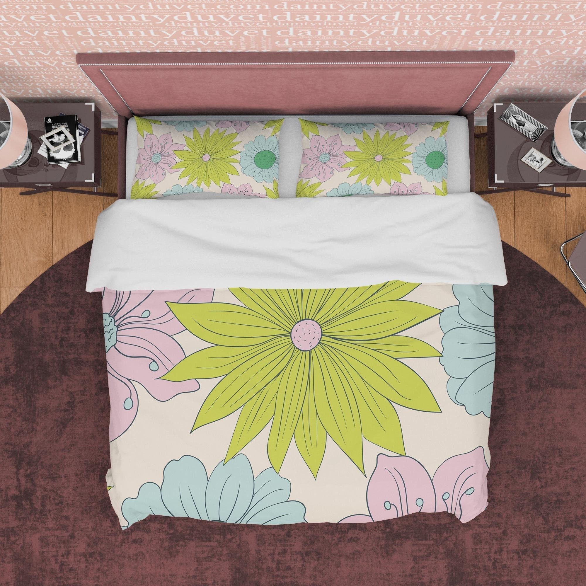 Vibrant Green Floral Boho Bedding Colorful Duvet Cover Bohemian Bedroom Set, Flower Quilt Cover, Aesthetic Unique Girl Room Bedspread