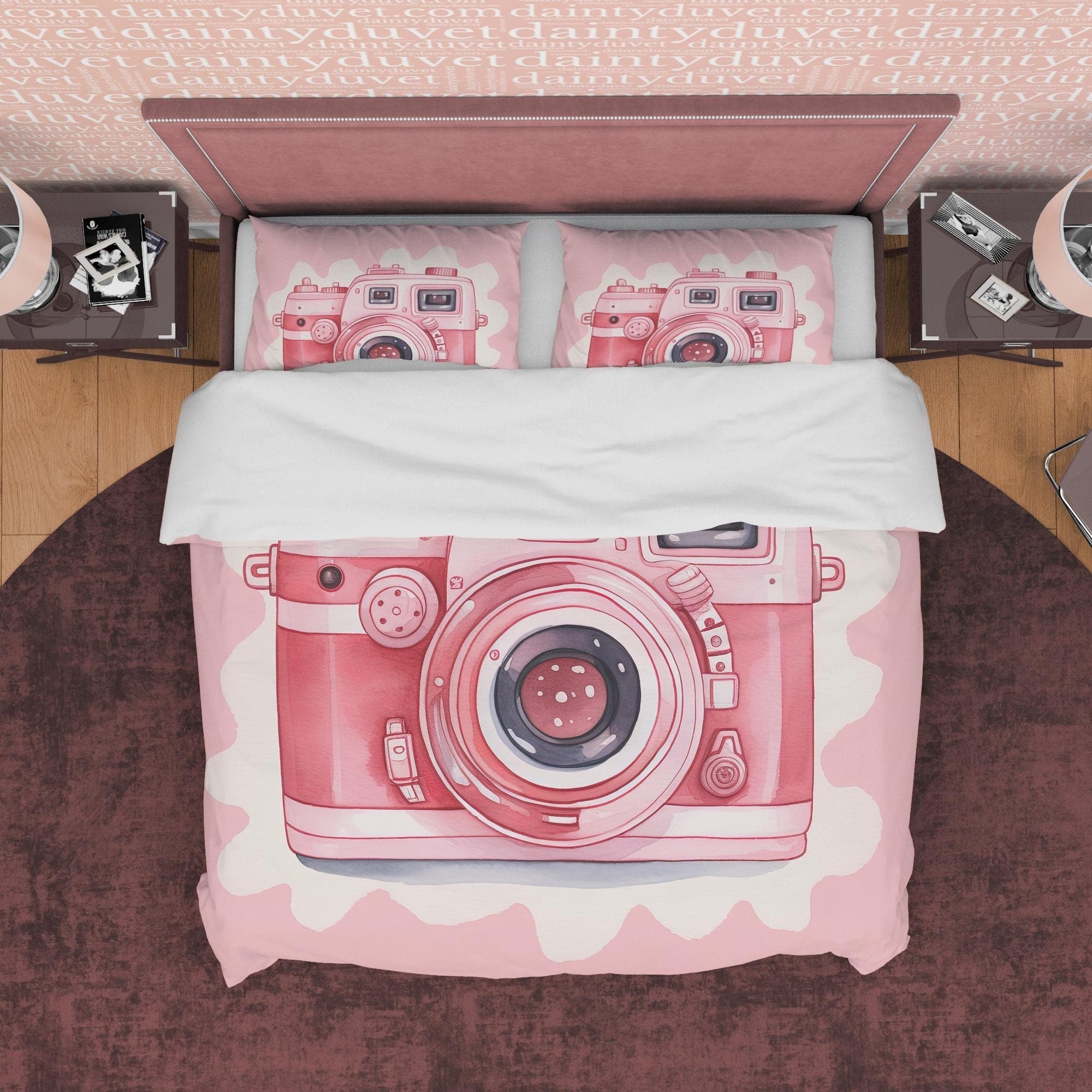 Vintage Camera Duvet Cover Set Baby Pink Bedding, Retro Girly Bedroom Set, Cute Quilt Cover, Photophille Bedspread, Photographer Giff