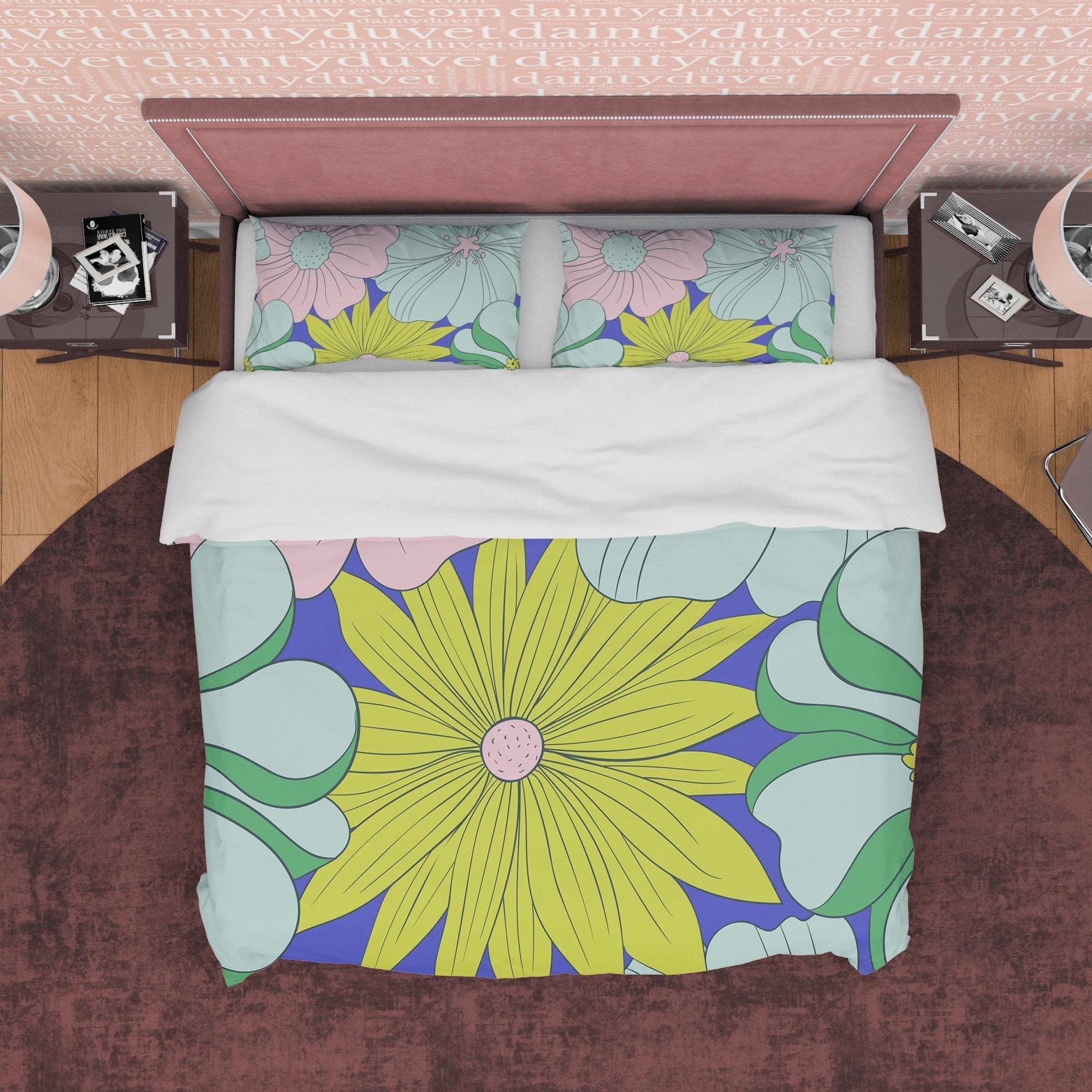 Vintage Floral Boho Bedding Colorful Duvet Cover Bohemian Bedroom Set, Green Quilt Cover, Aesthetic Flower Bedspread, Unique Room Bedding