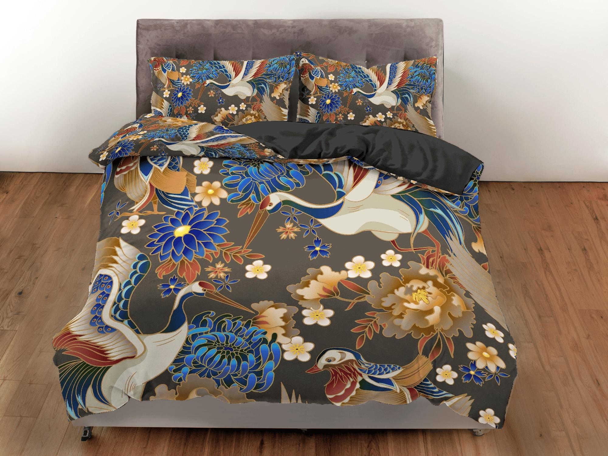 daintyduvet Vintage Floral Duvet Cover Set | Japanese Art Crane Bird Dorm Bedding Set with Pillowcase | Size King, Queen, Full, Twin & Single Bedspread