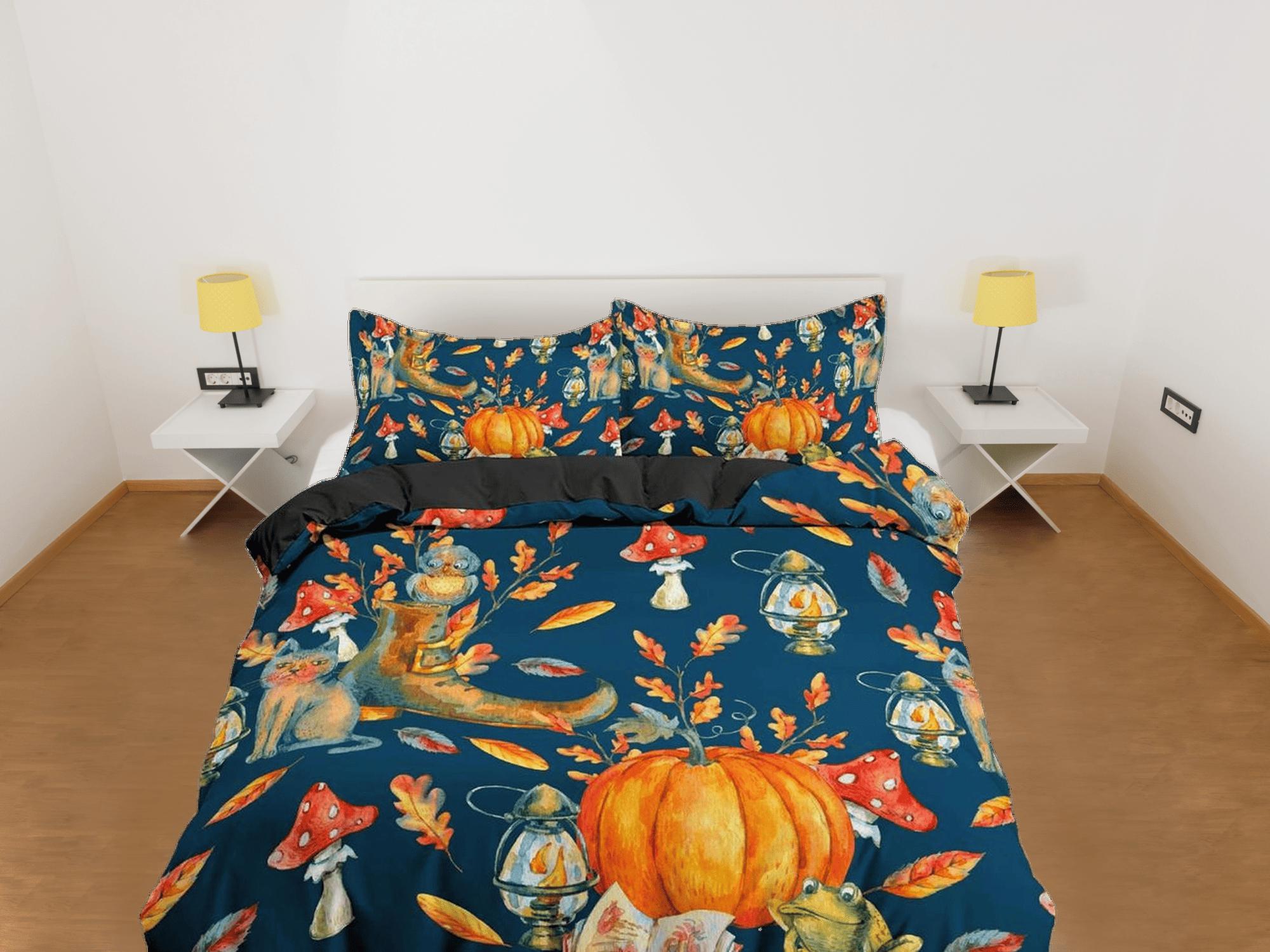 daintyduvet Vintage halloween bedding & pillowcase, blue duvet cover set dorm bedding, halloween decor, toddler bedding, pumpkin mushroom frog prints
