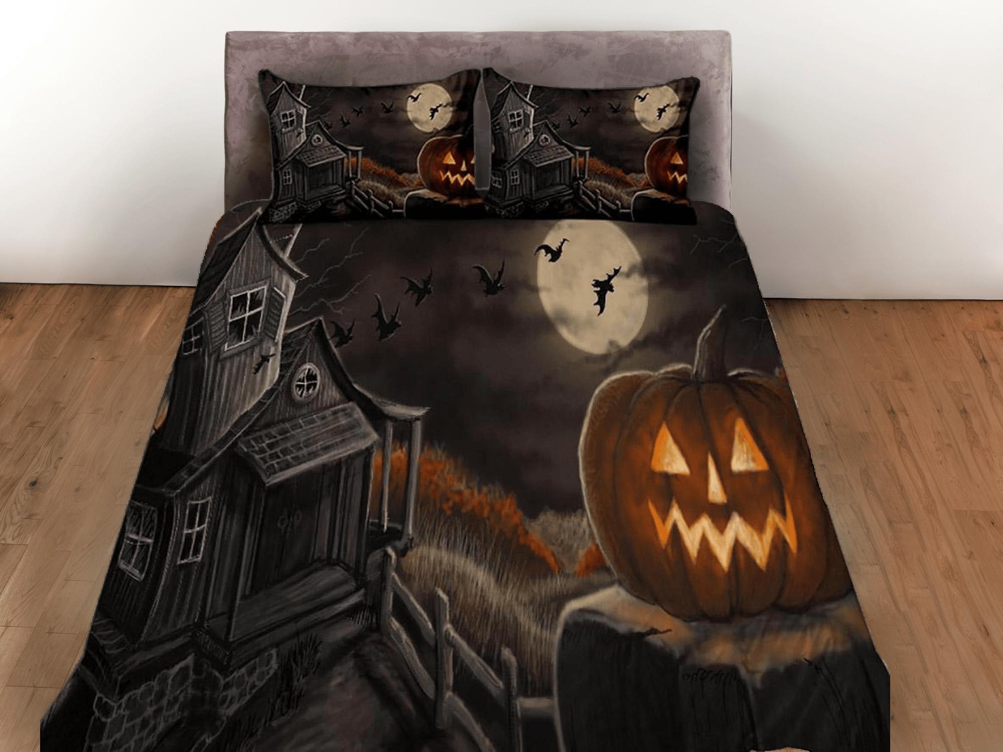 daintyduvet Vintage haunted house pumpkin halloween bedding & pillowcase, duvet cover, dorm bedding, halloween decor, halloween gift, toddler bedding