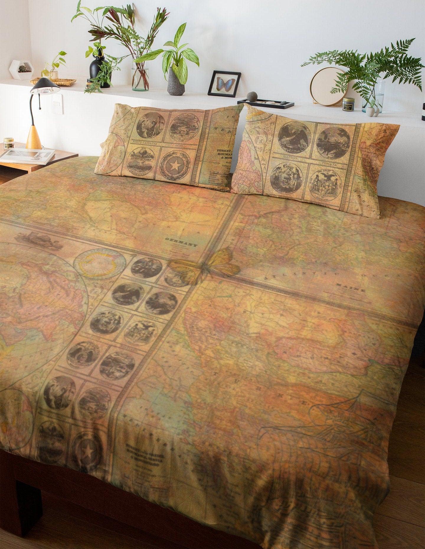 daintyduvet Vintage Map Duvet Cover Set | Brown Bedding Set & Pillow Case | World Map Design Bedding Set | For King, Queen, Full, Twin, Single Bed Sizes
