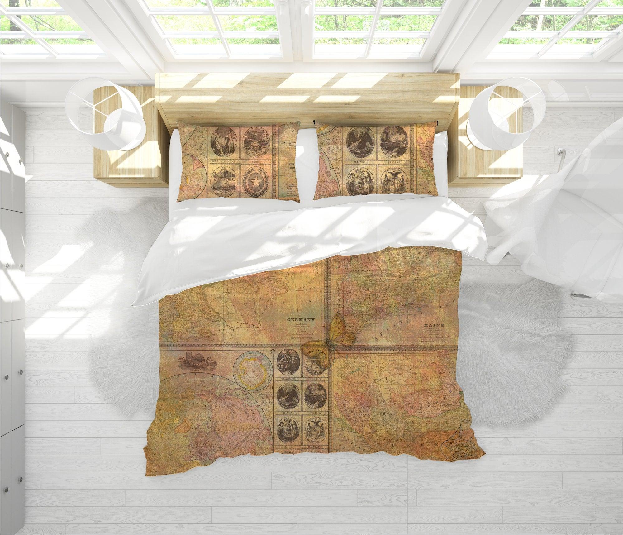 daintyduvet Vintage Map Duvet Cover Set | Brown Bedding Set & Pillow Case | World Map Design Bedding Set | For King, Queen, Full, Twin, Single Bed Sizes