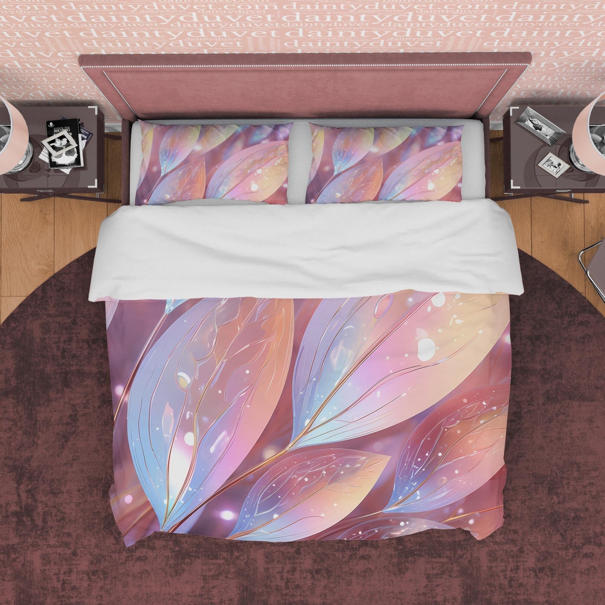 Wet Leaf Holographic Bedding Set Boho Duvet Cover, Colorful Quilt Cover, Moonstone Inspired Bedspread, Galaxy Opal Bed Cover, Pastel Color