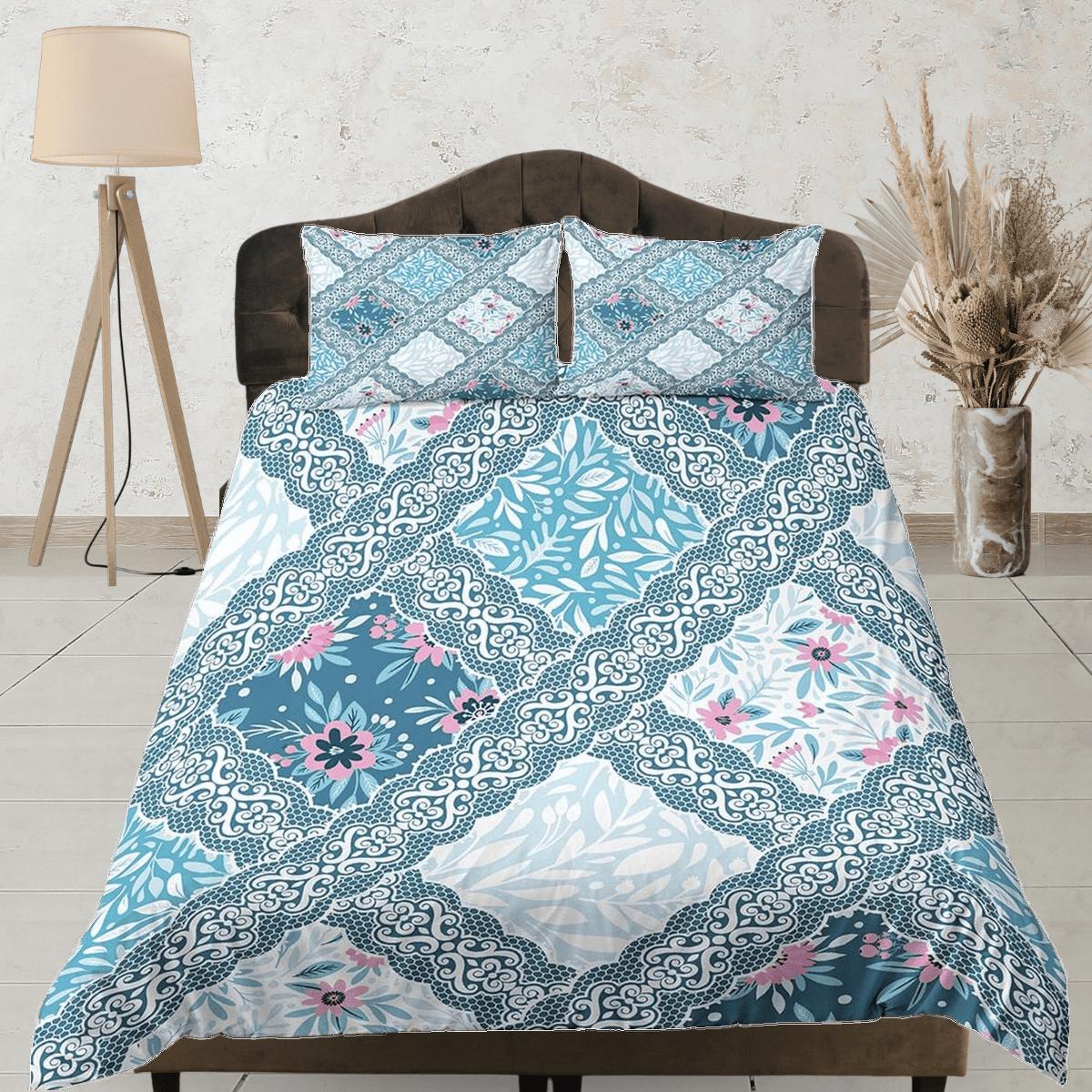 daintyduvet Whimsical blue patchwork quilt printed duvet cover set, aesthetic room decor bedding set full, king, queen size, boho bedspread shabby chic