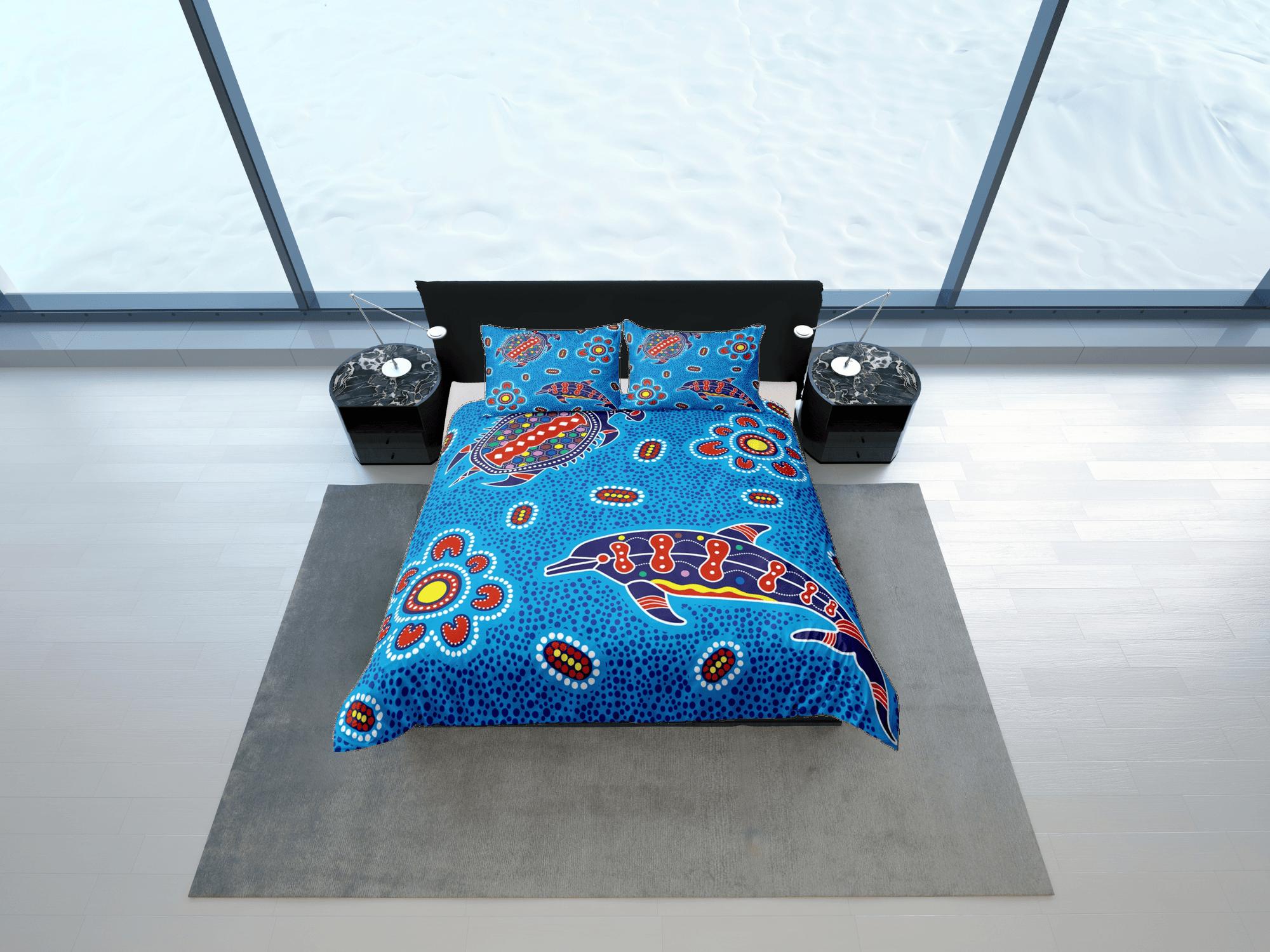 daintyduvet Whimsical dolphin colorful coastal grandma blue duvet cover nautical bedding set full queen king, aesthetic room decor, ocean lover gift