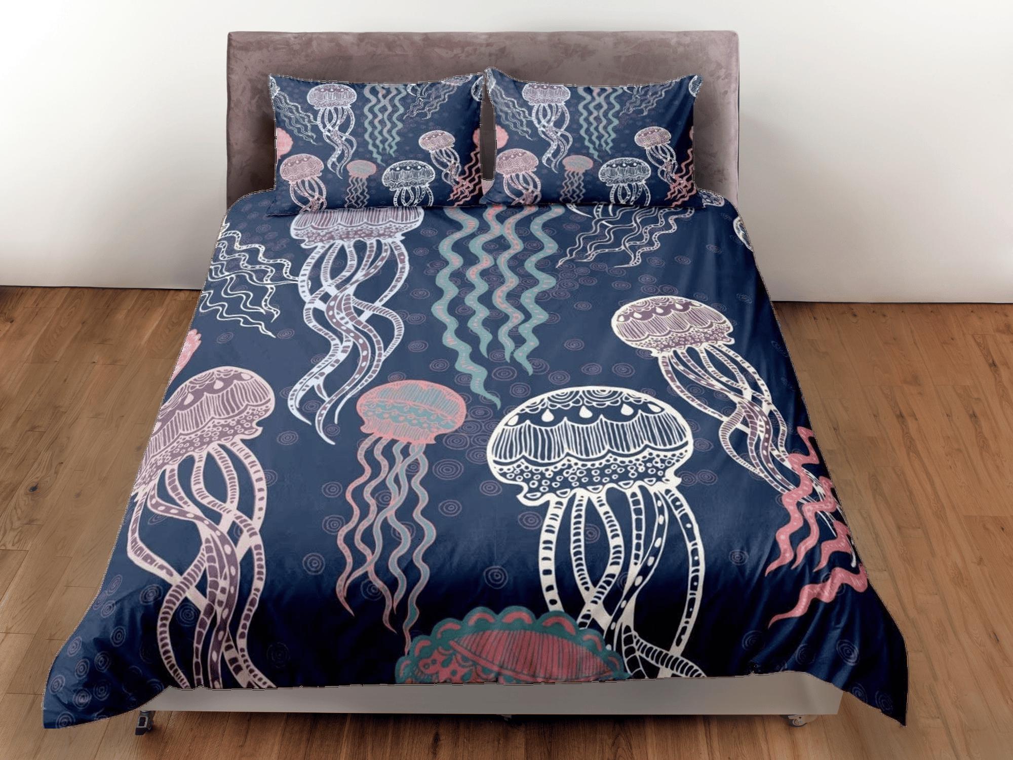 daintyduvet Whimsical jellyfish bedding colorful duvet cover, ocean blush sea animal bedding set full king queen twin crib toddler, college dorm bedding