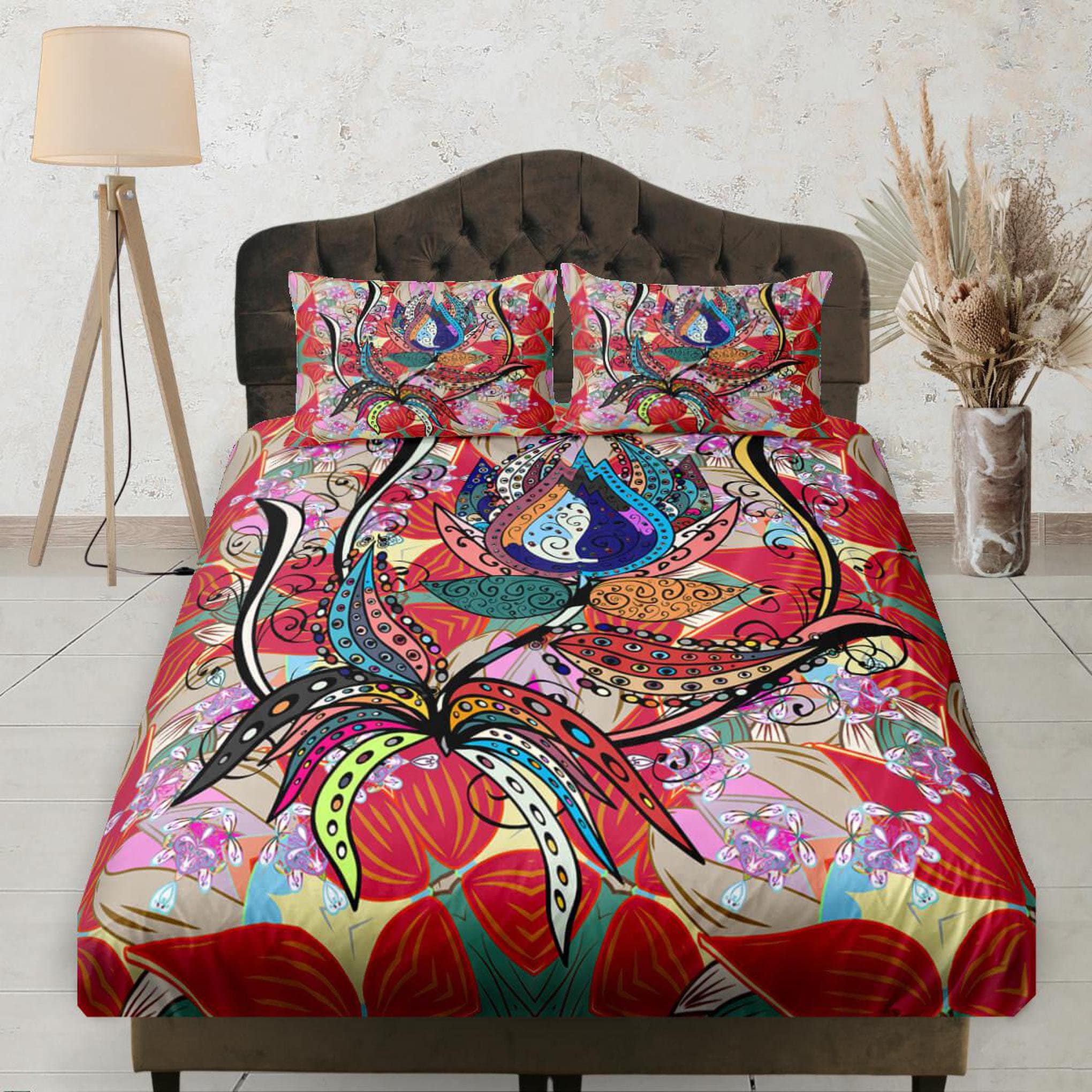 daintyduvet Whimsical Red Fitted Sheet Deep Pocket, Aesthetic Boho Bedding Set Full, Elastic Bedsheet, Dorm Bedding, Crib Sheet, King, Queen, Double