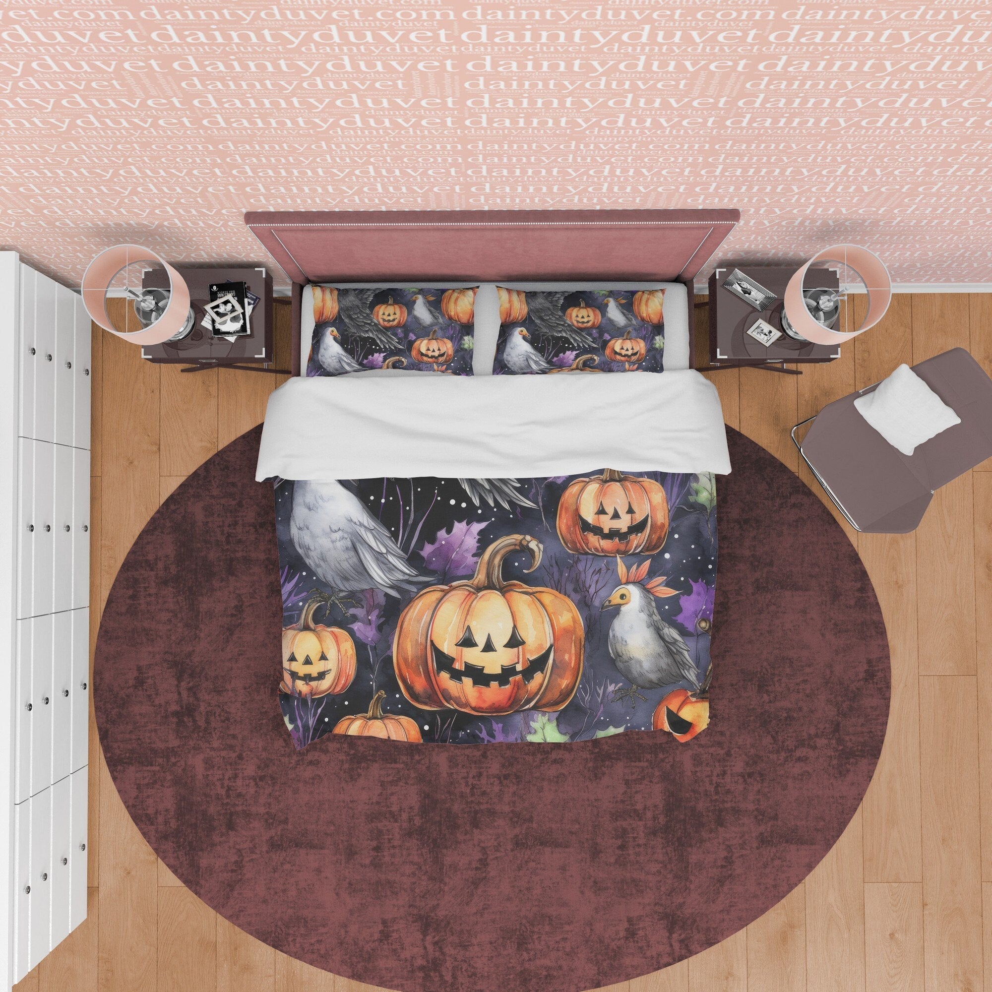 White Bird & Pumpkin Duvet Cover Set, Spooky Bedding, Retro Aesthetic Halloween Room Decor, Farmhouse Quilt Cover, Autumn Bedspread