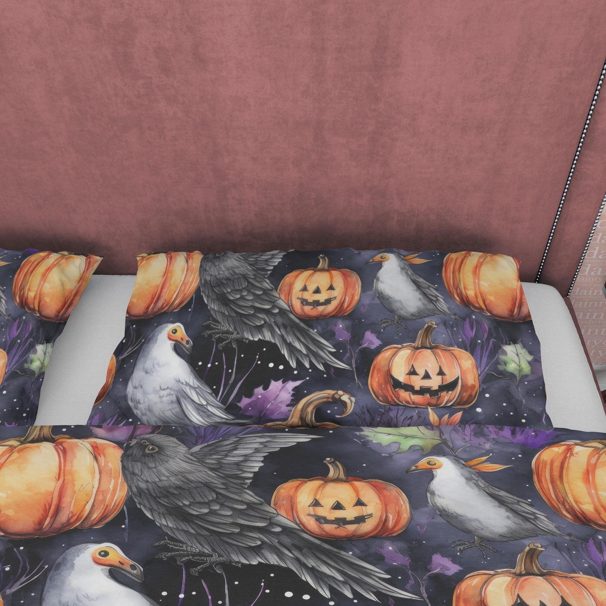 White Bird & Pumpkin Duvet Cover Set, Spooky Bedding, Retro Aesthetic Halloween Room Decor, Farmhouse Quilt Cover, Autumn Bedspread