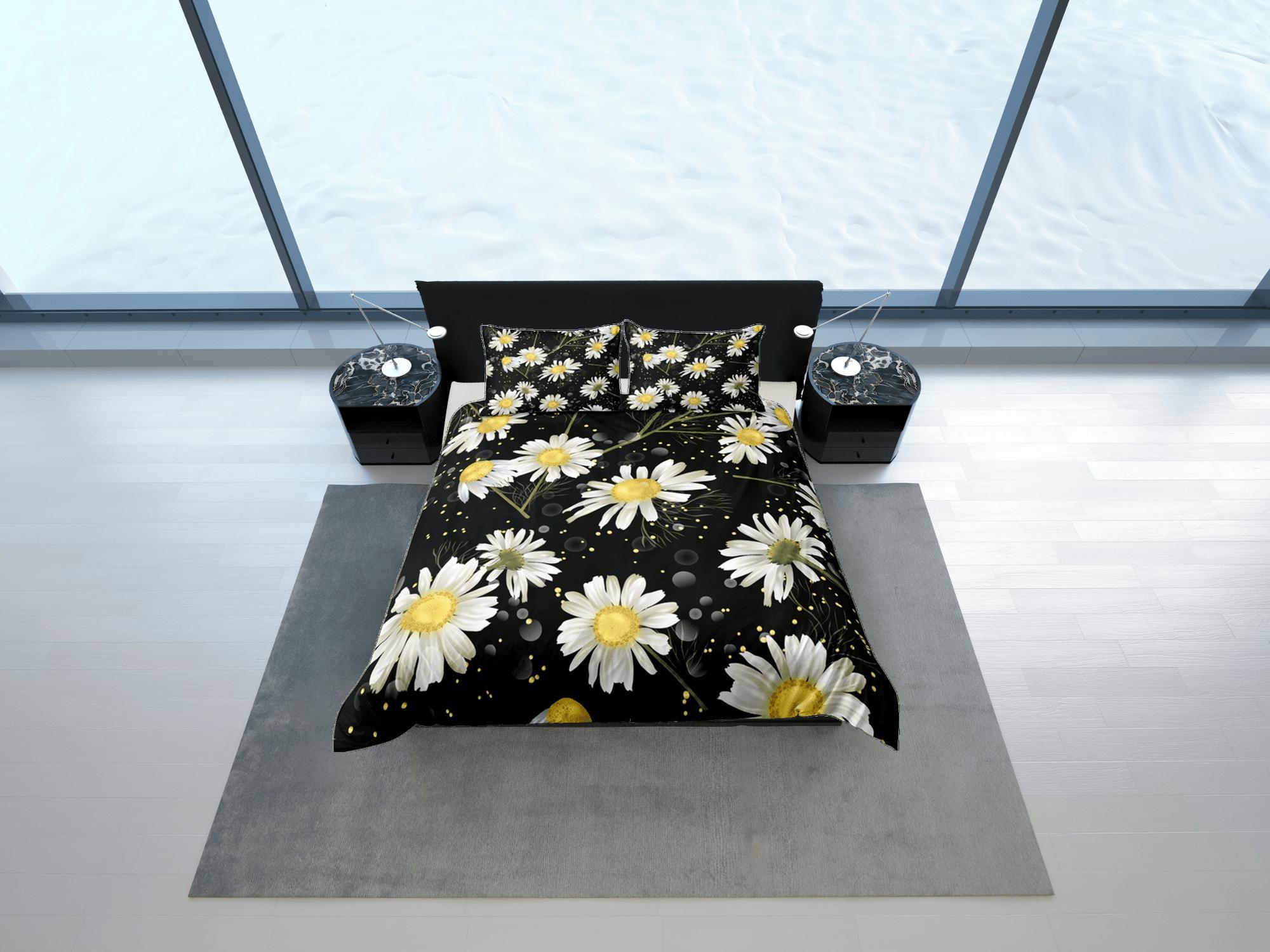 daintyduvet White Daisy Black Duvet Cover Set, Floral Print Bedspread Dorm Bedding Set