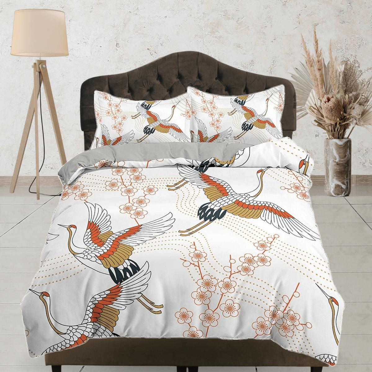 daintyduvet White oriental bedding with floral prints crane bird design, Asian duvet cover set with cherry blossom, Japanese bedding, King, Queen, Full
