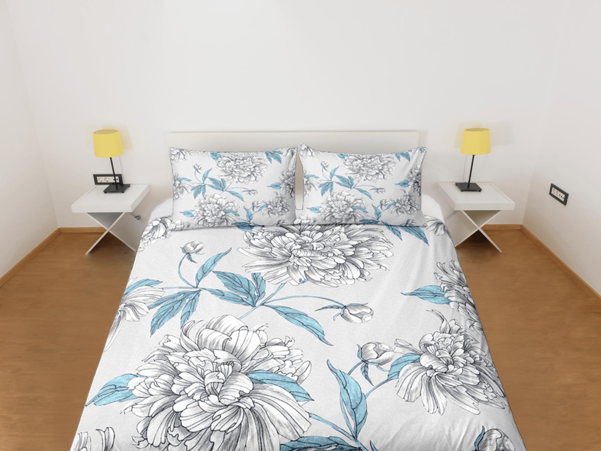 daintyduvet White Peony Grey Duvet Cover Set, Floral Bedspread Dorm Bedding Set Single Bedding