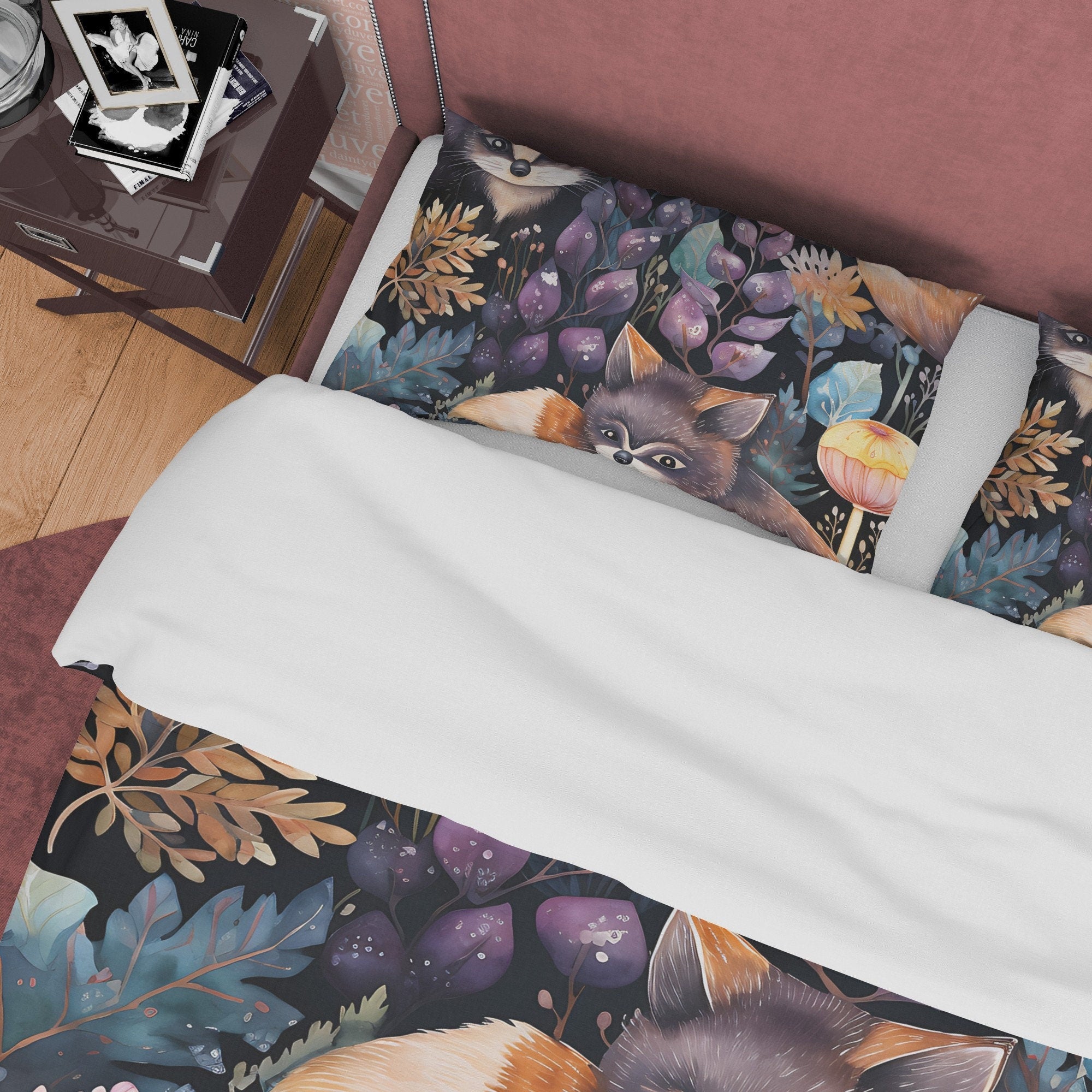 Wild Cat Duvet Cover Set, Magical Forest Quilt Cover Aesthetic Zipper Bedding, Halloween Room Decor, Enchanted Plant Blanket Cover