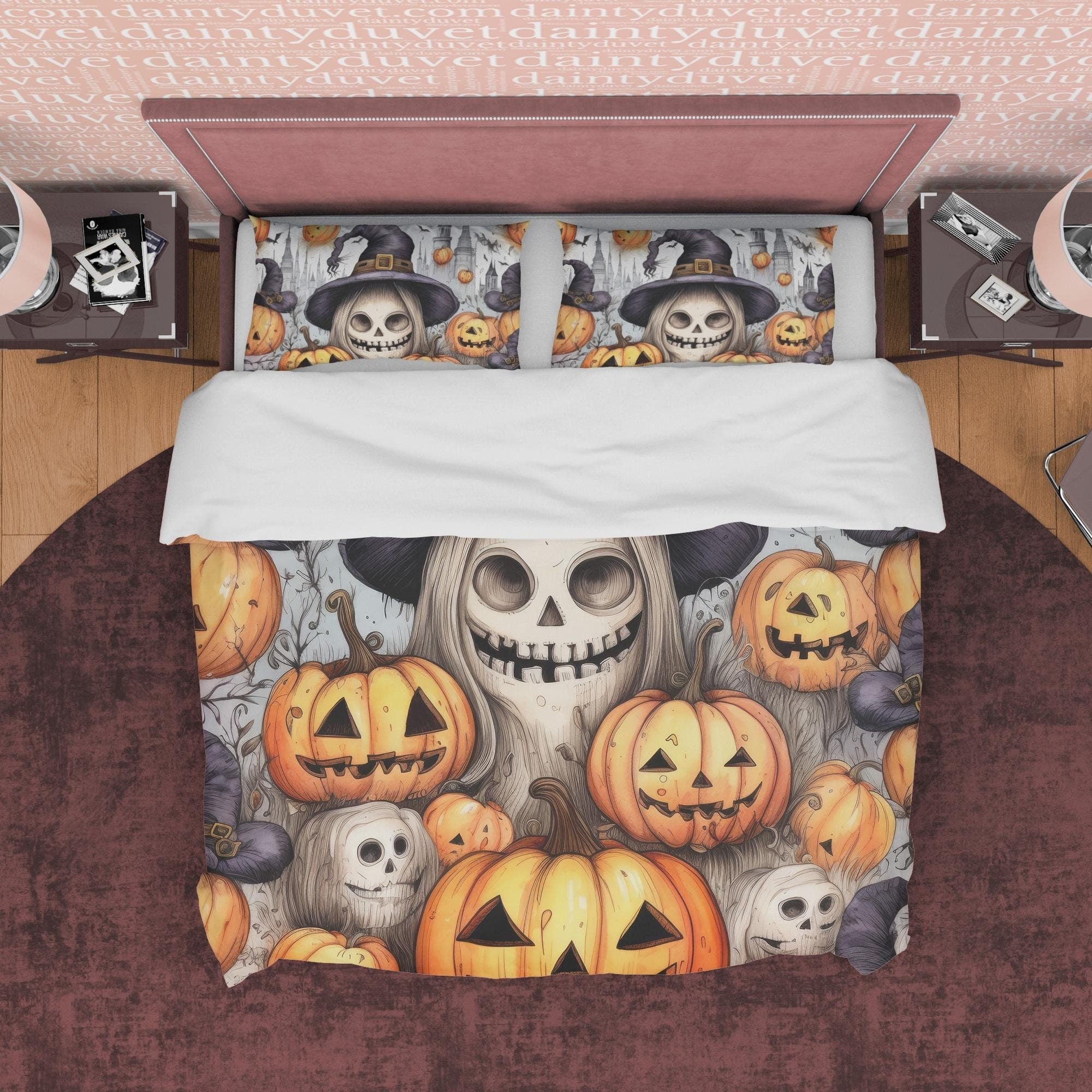 Witch Skull & Pumpkin Duvet Cover Set Aesthetic Bedding, Halloween Room Decor, Zipper Quilt Cover, Autumn Bedspread, Spooky Bed Cover Retro
