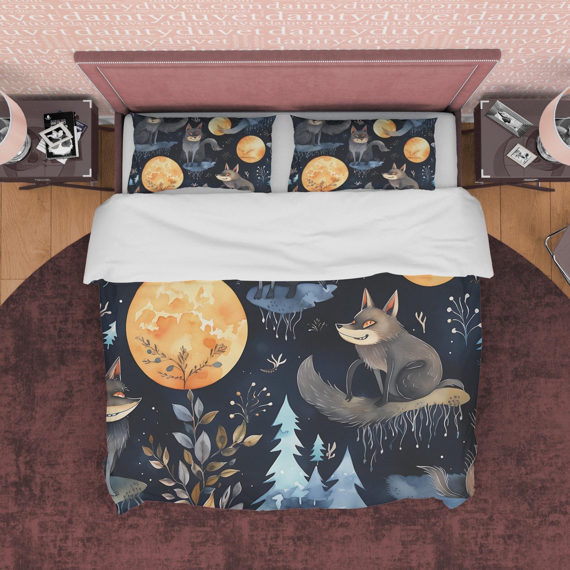 Wolf On A Full Moon Duvet Cover Set, Spooky Midnight Quilt Cover Aesthetic Zipper Bedding, Dark Night Blanket Cover Halloween Room Decor