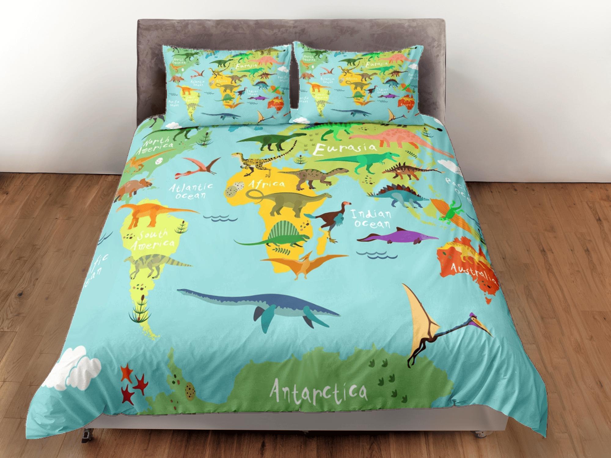 daintyduvet World map dinosaur bedding, kids bedding full, cute duvet cover set, dinosaur nursery bed decor, colorful bedding, baby dinosaur, toddler